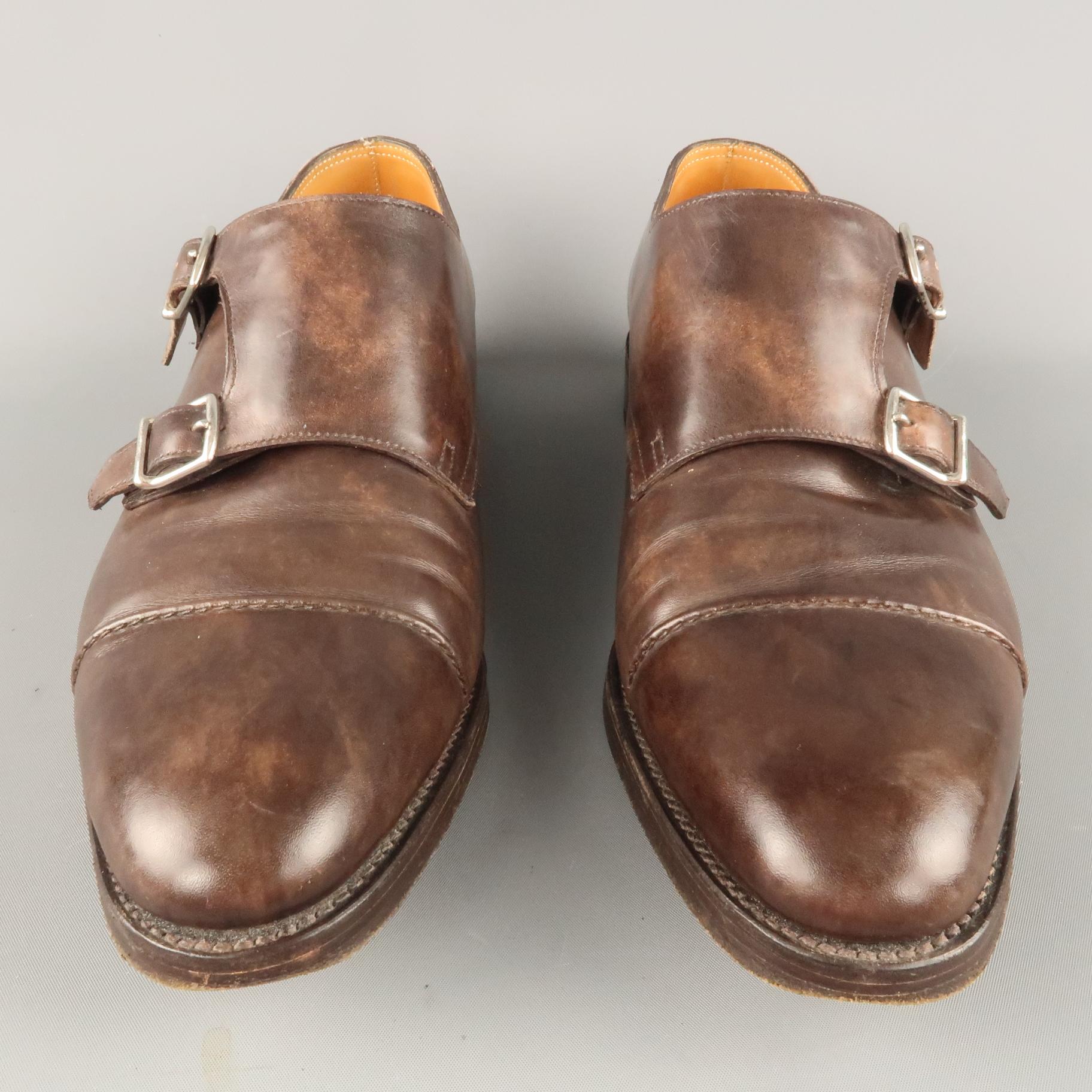 Black JOHN LOBB Size 10 Brown Antique Leather Double Monk Strap Loafers
