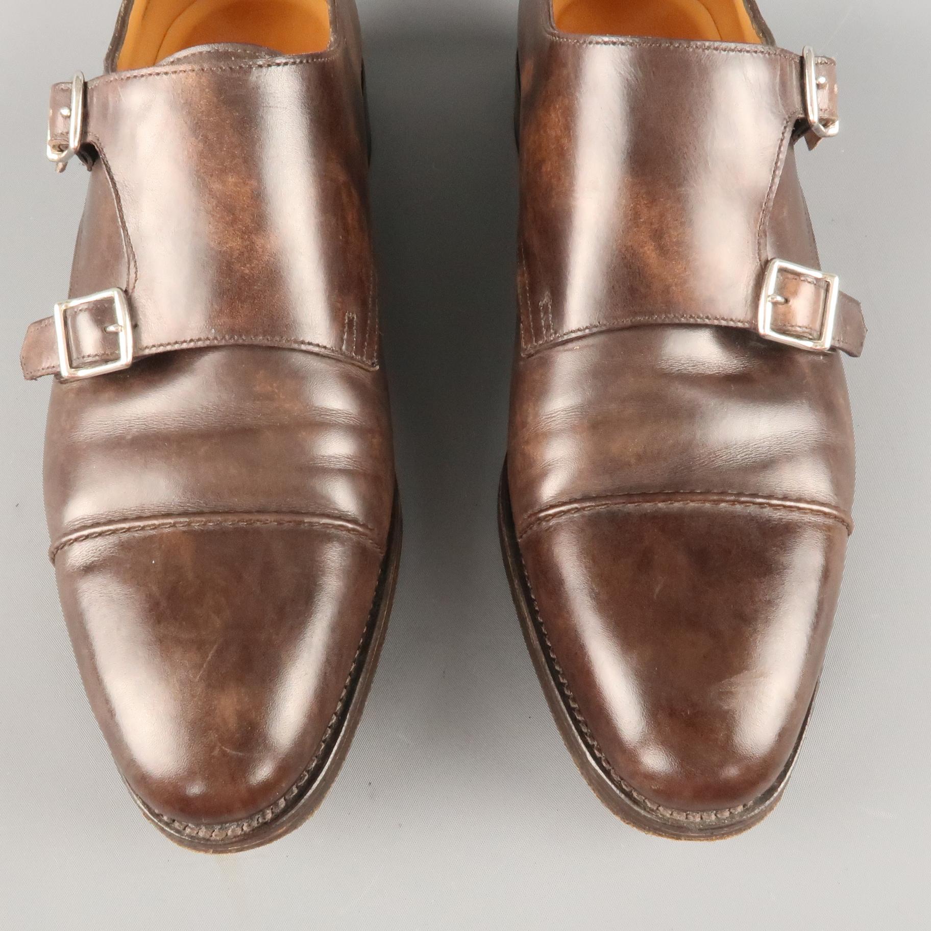 JOHN LOBB Size 10 Brown Antique Leather Double Monk Strap Loafers In Excellent Condition In San Francisco, CA