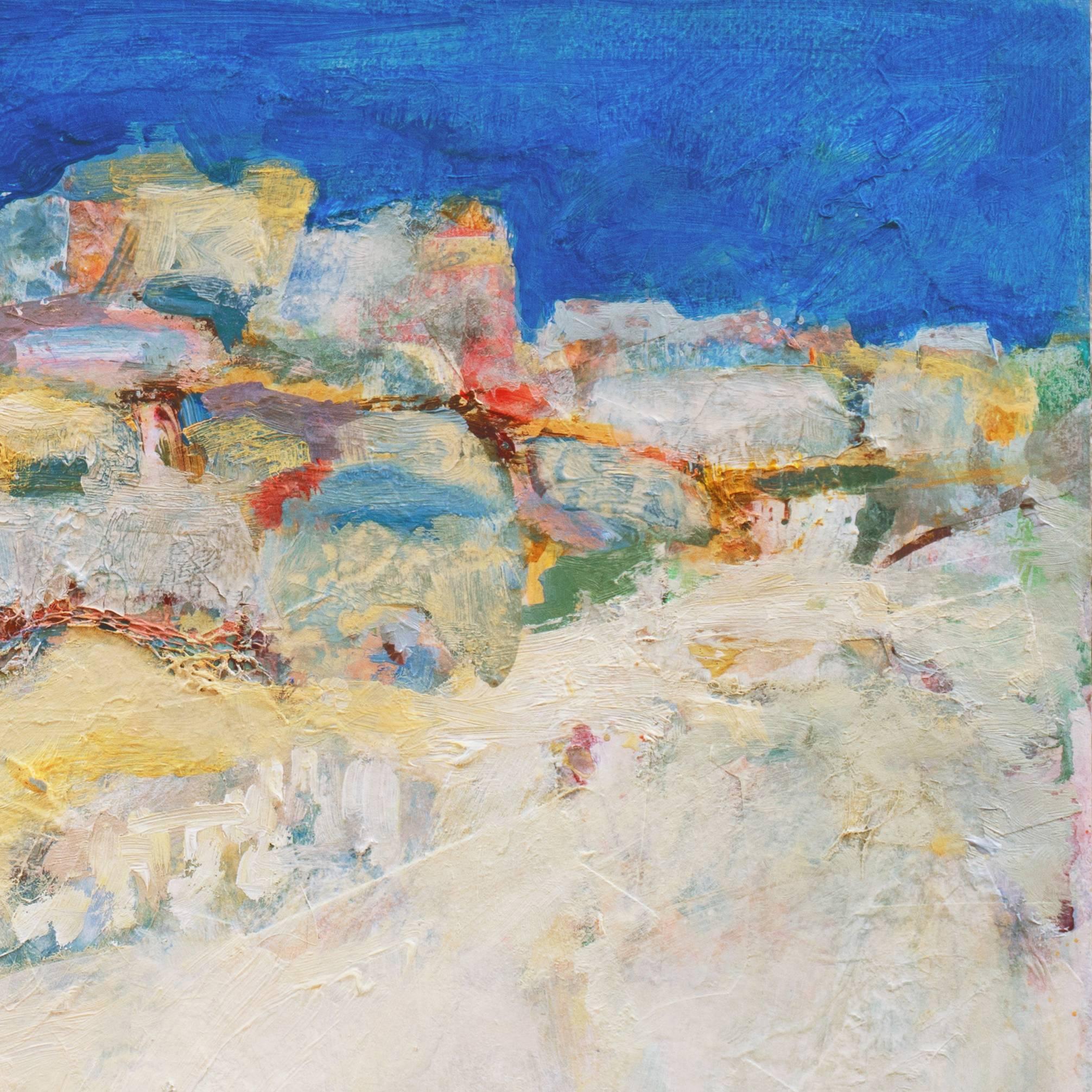 Signed lower center, 'Loeb' for John Loeb (American, 20th century) and dated 1994; accompanied by old exhibition poster and title label from Loeb's Laudenbach solo retrospective.

A lyrical, semi-abstract Cretan landscape by this listed American