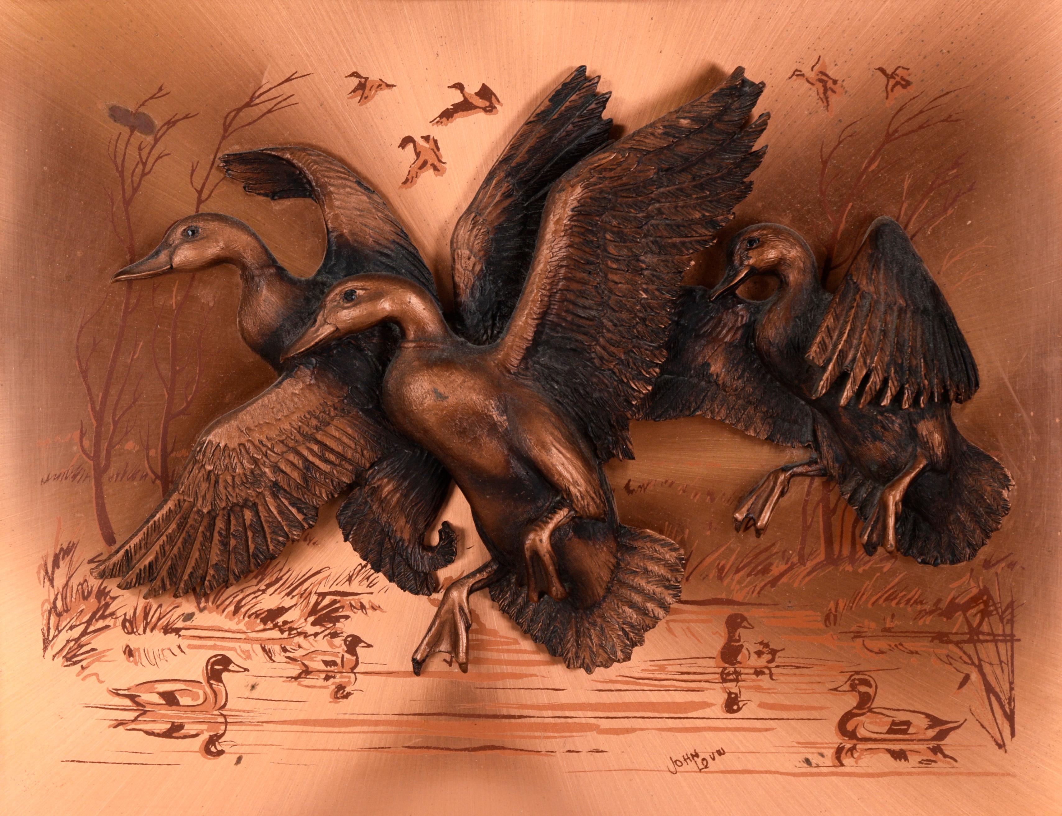 Tre anatre in volo - Scultura originale in rame 3D di John Louw 1