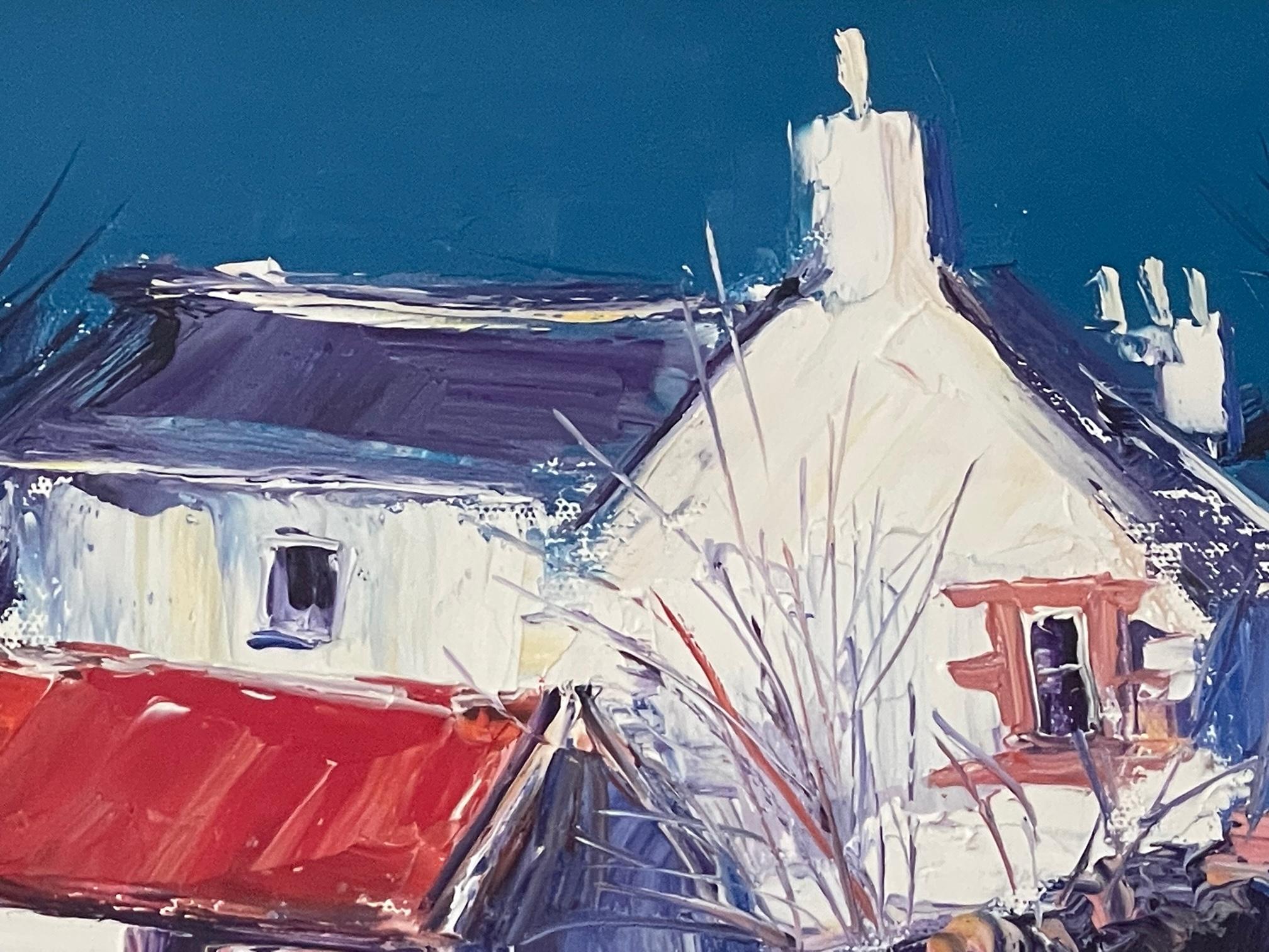 Contemporary acrylic painting on canvas by sought after and beloved Scottish artist Jolomo, (John Lowrie Morrison, 1941 -), this painting is signed and dated 2005 by the artist. The title 'Evening Light', location and date are handwritten verso, and