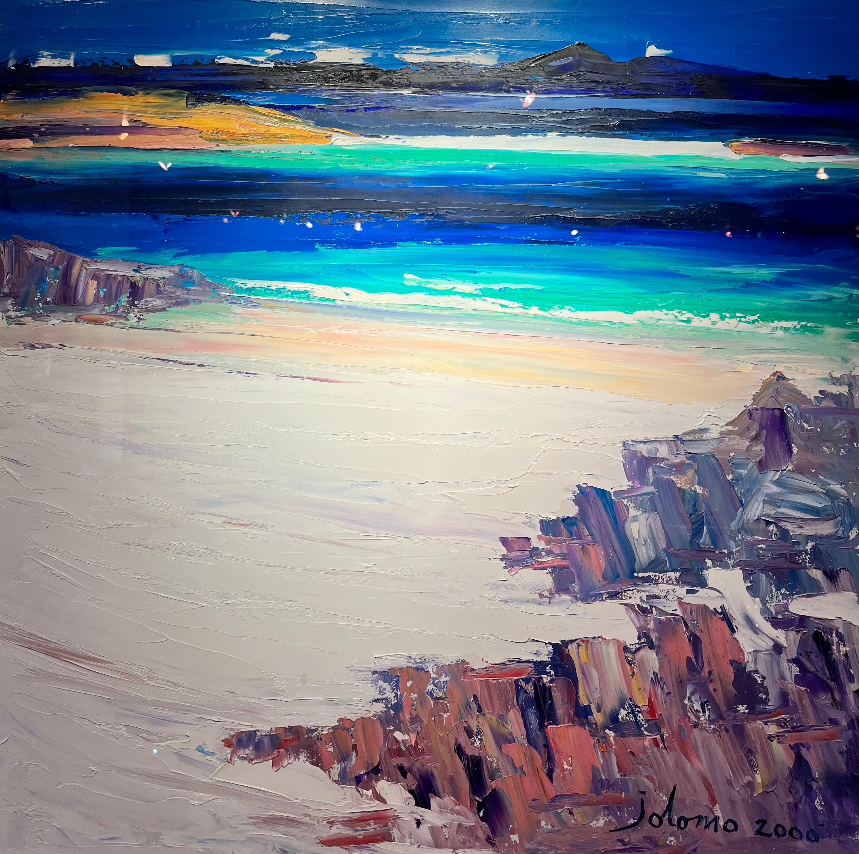 'White Beach Iona' Scottish seascape painting of a beach, blue sea, rocks - Painting by John Lowrie Morrison