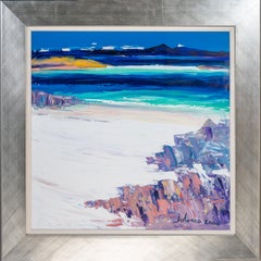 'White Beach Iona' Scottish seascape painting of a beach, blue sea, rocks