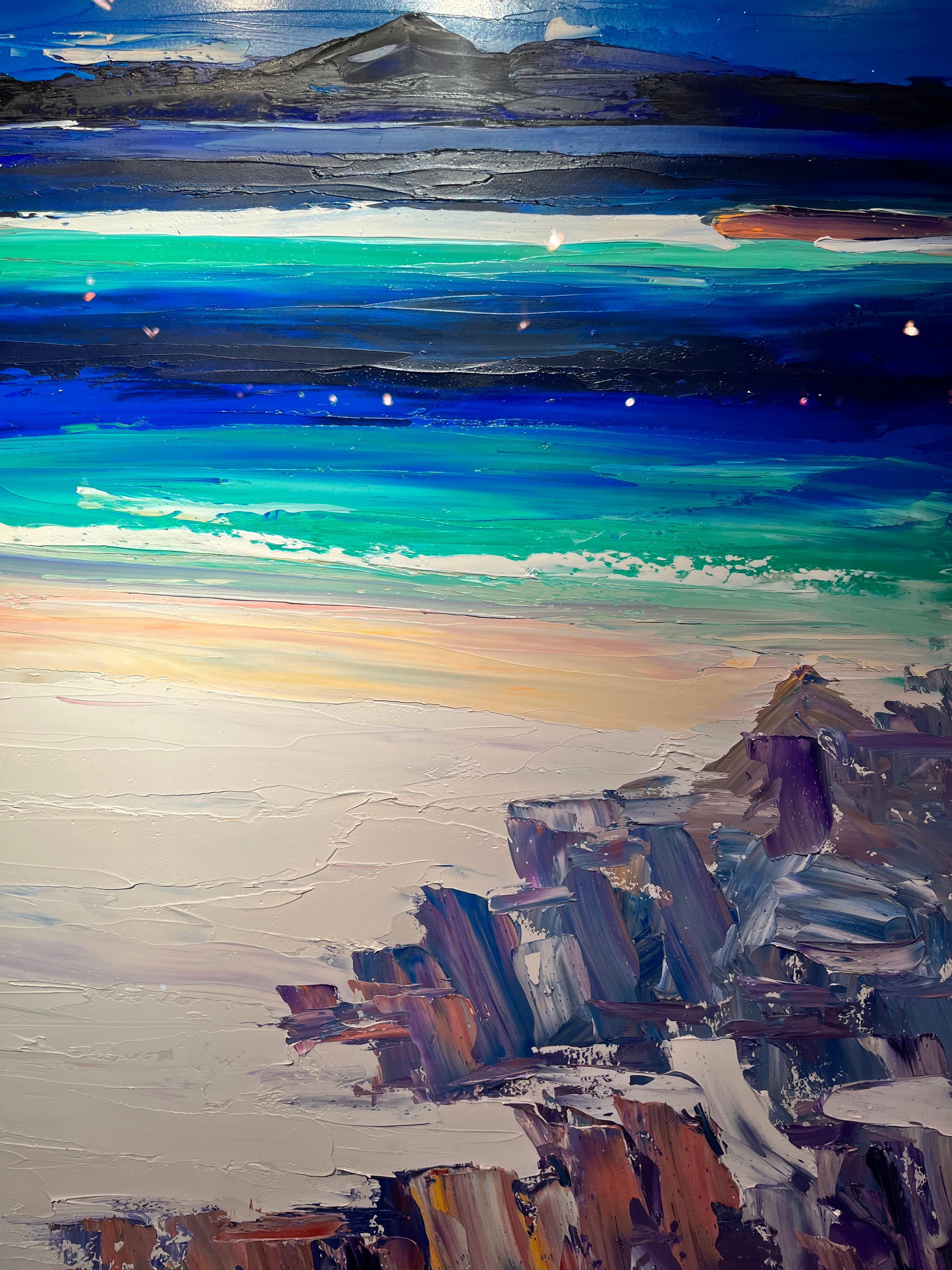 'White Beach Iona' Scottish seascape painting of a beach, blue sea, rocks For Sale 1