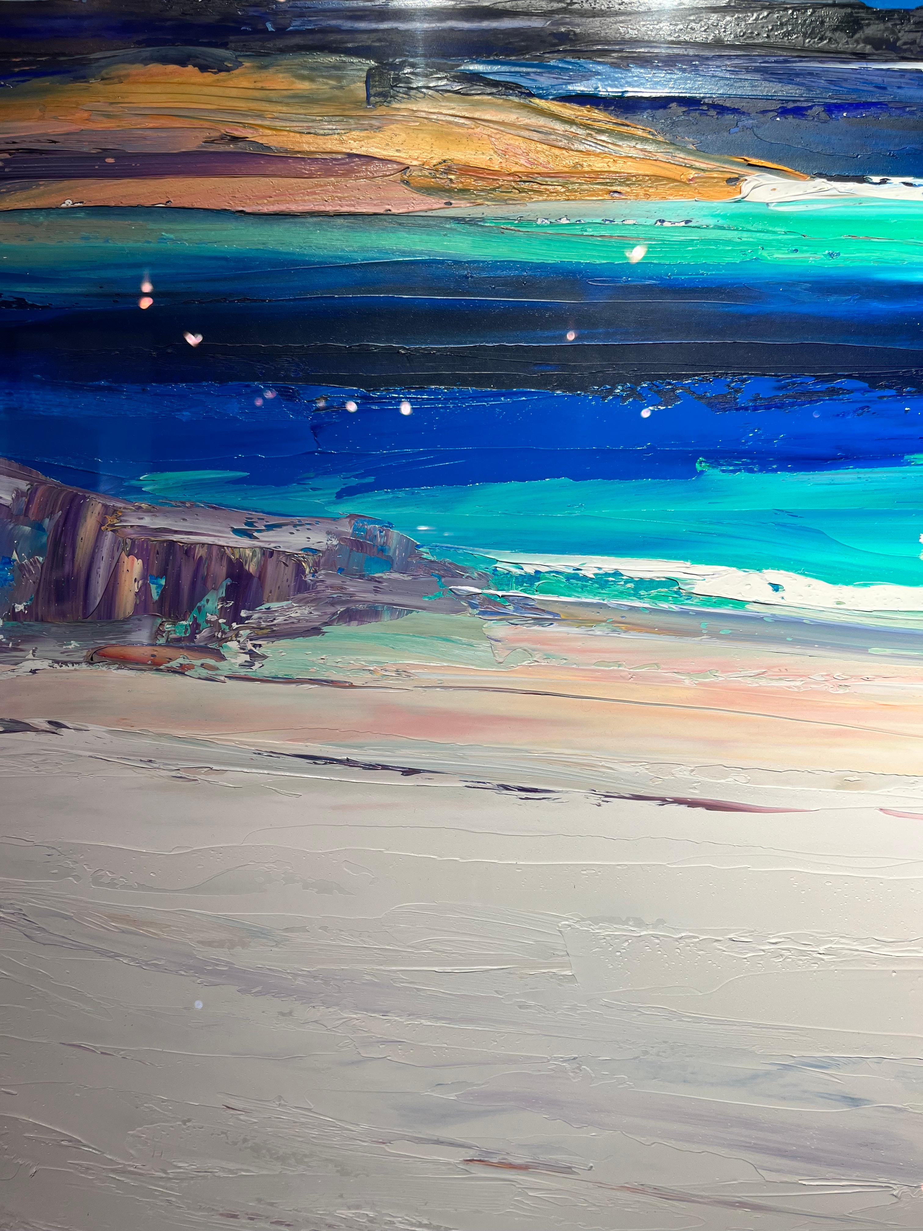 « White Beach Iona », peinture de paysage marin écossais d'une plage, d'une mer bleue et de roches en vente 1