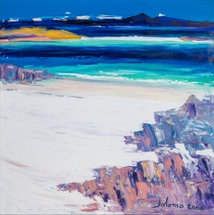 'White Beach Iona' Scottish seascape painting of a beach, blue sea, rocks