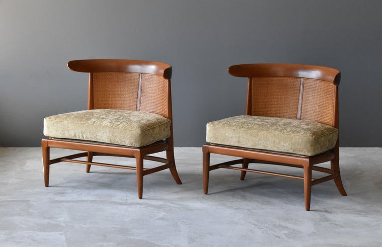 A pair of walnut lounge chairs with original cane or rattan braided backs and fabric cushions reupholstered in beige velvet. Designed by John Lubberts & Lambert Mulder for Tomlinson collection, America, circa 1950.

Other American designers of the