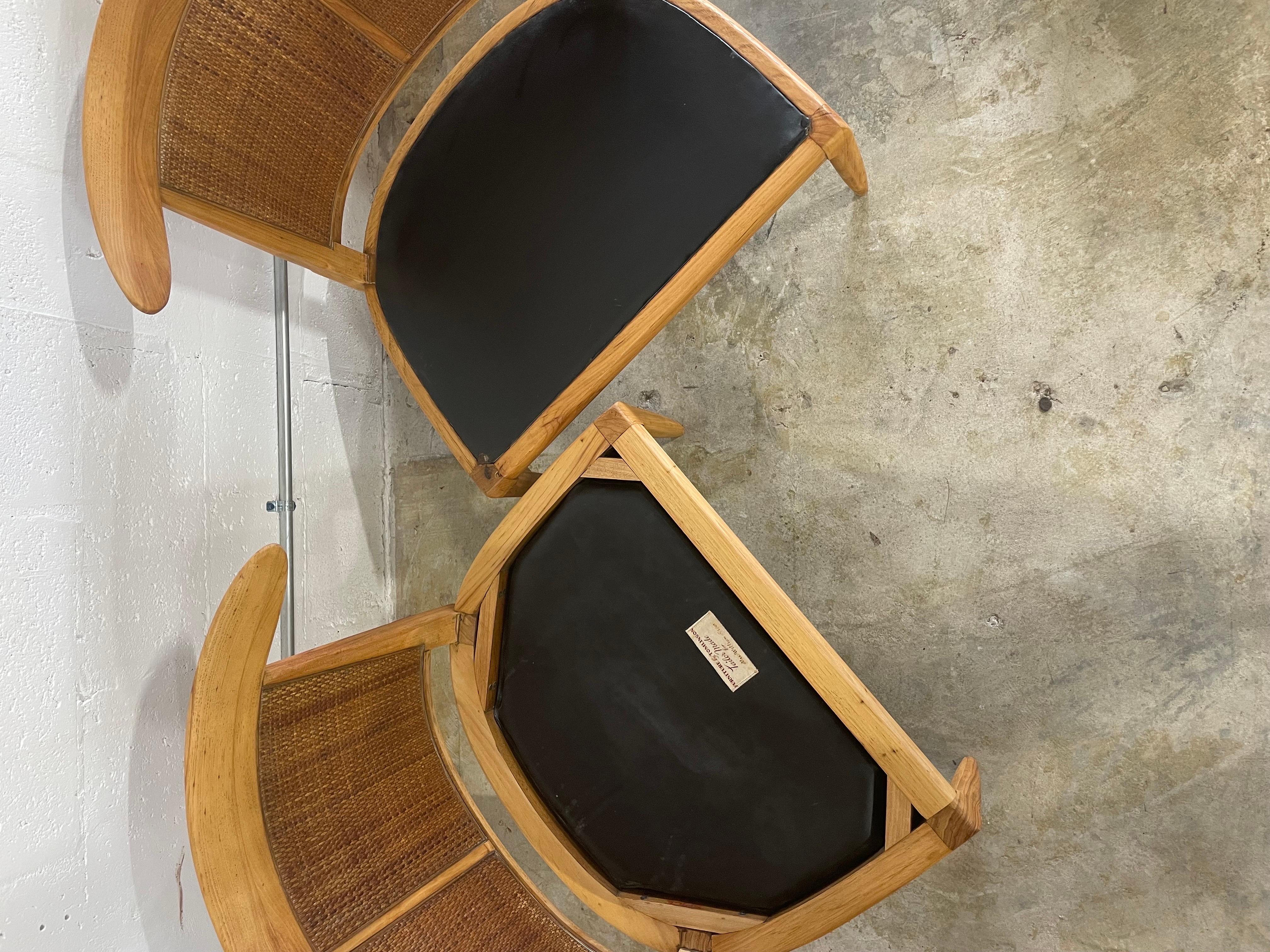 Pair of slipper chairs designed by John Lubberts & Lambert Mulder and produced by Tomlinson 1950s. Rattan backs. Labeled. Cushions recently upholstered.