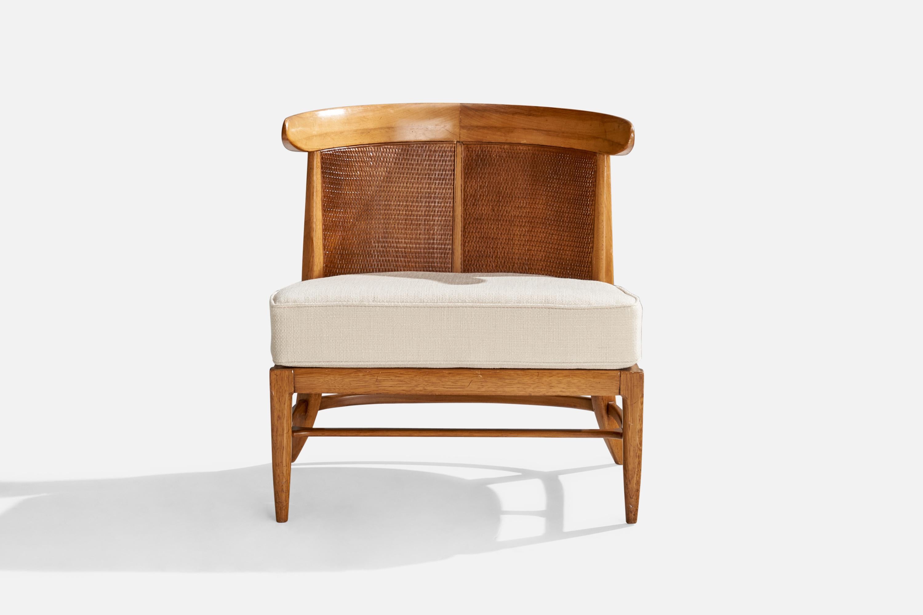 American John Lubberts & Lambert Mulder, Slipper Chair, Walnut, Cane, Fabric, USA, 1950s