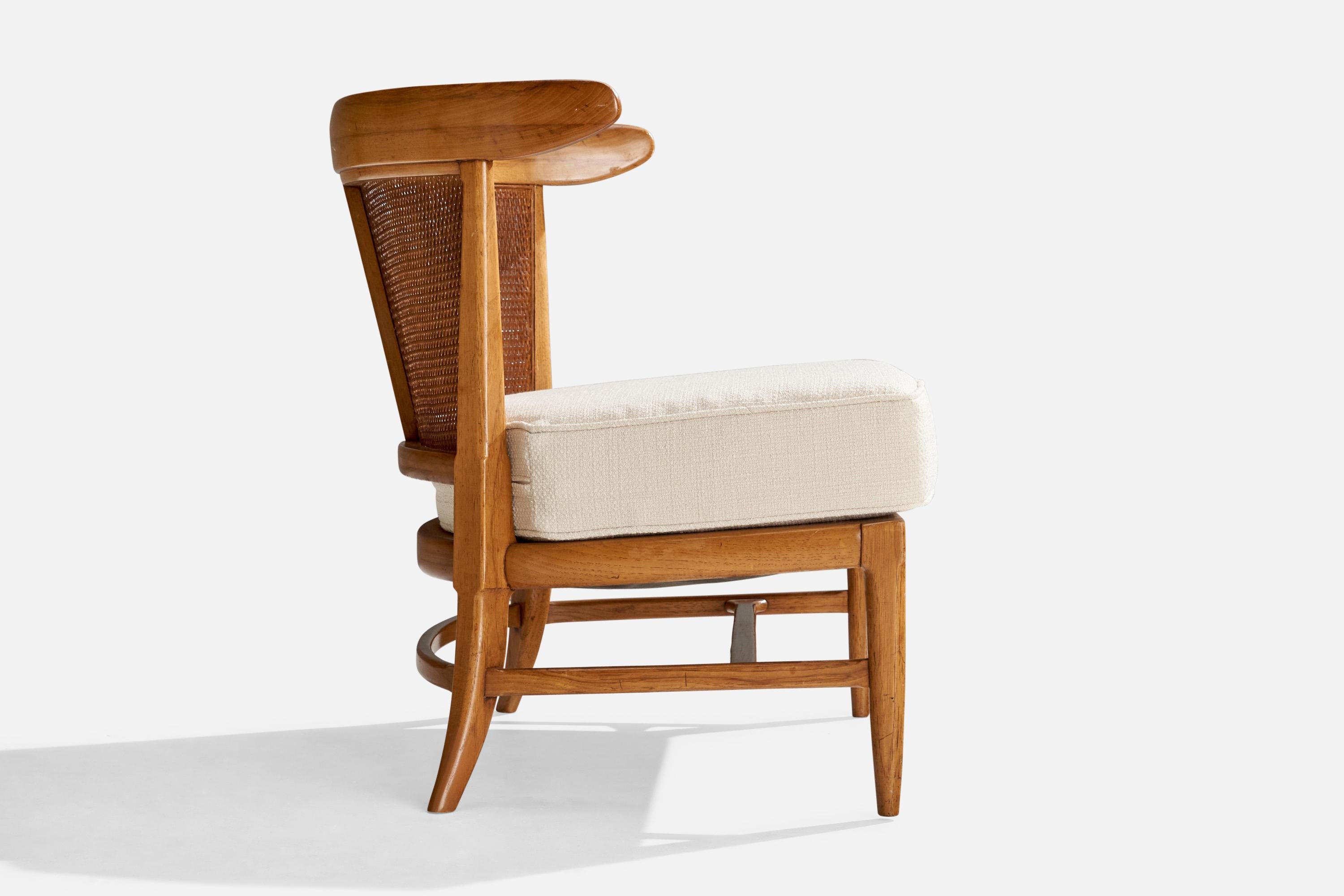 John Lubberts & Lambert Mulder, Slipper Chair, Walnut, Cane, Fabric, USA, 1950s In Good Condition In High Point, NC