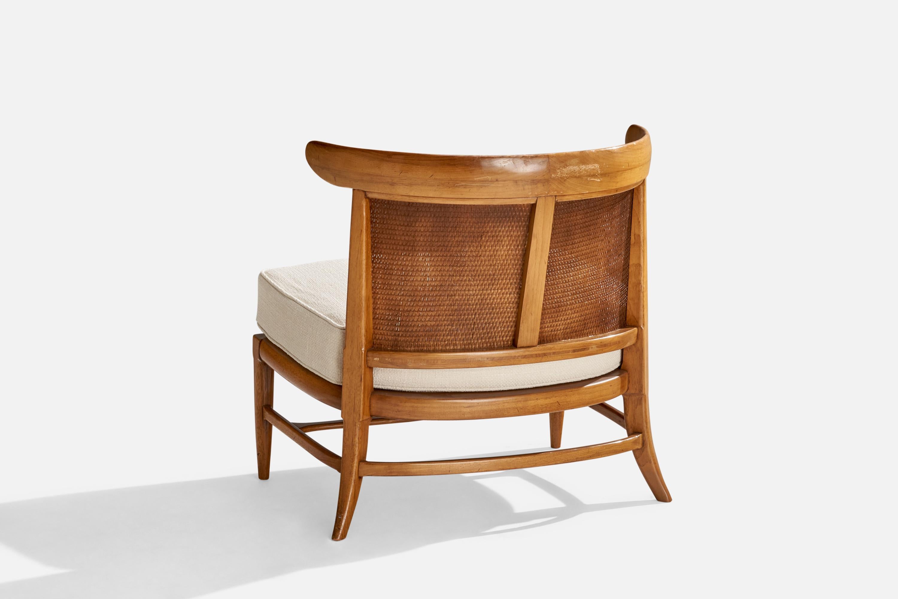 Mid-20th Century John Lubberts & Lambert Mulder, Slipper Chair, Walnut, Cane, Fabric, USA, 1950s