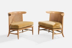 John Lubberts & Lambert Mulder, Slipper Chairs, Wood, Cane, Velvet, USA, 1950s