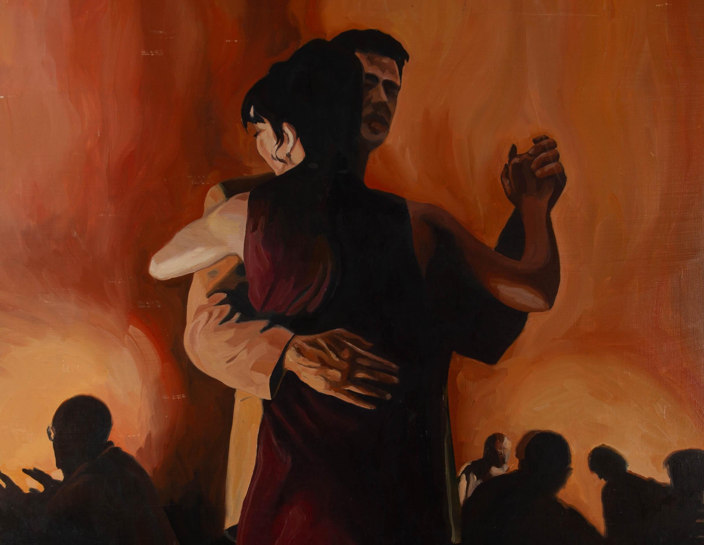 An attractive oil painting by the artist (b.1952-2014), depicting a couple dancing as the main focus. Signed to the lower right-hand corner. On canvas on stretchers.
