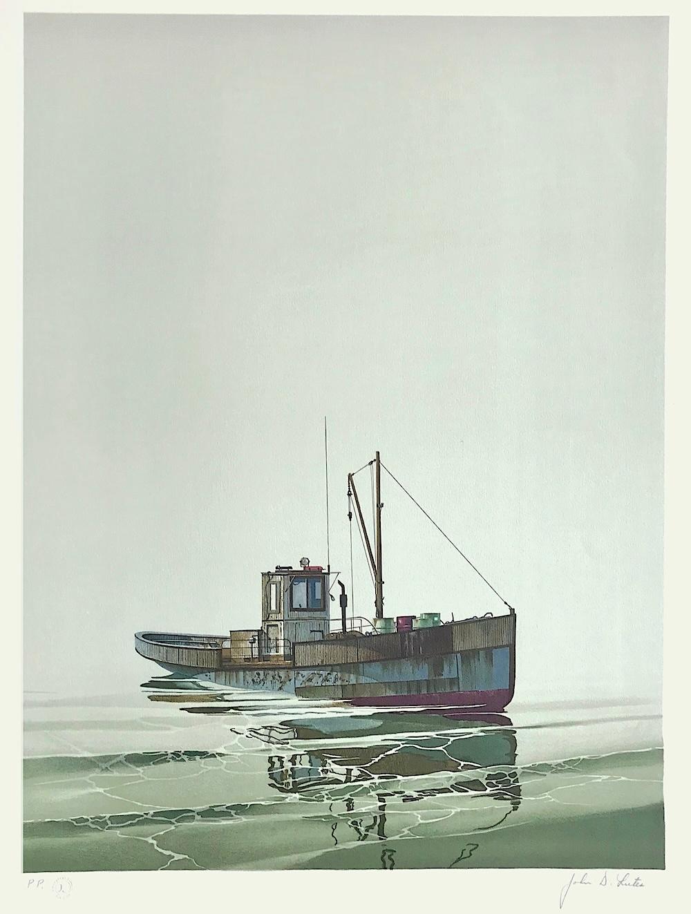 CAY RUNNER Litografía firmada, Barco corredor realista en aguas tranquilas, Arte marino - Print de John Lutes