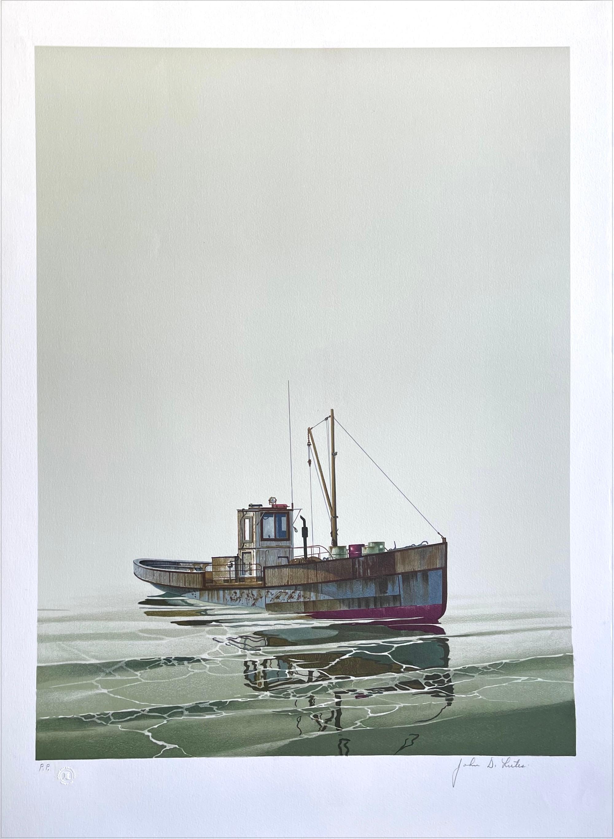 CAY RUNNER Signed Lithograph, Realistic Runner Boat on Calm Water, Marine Art - Print by John Lutes