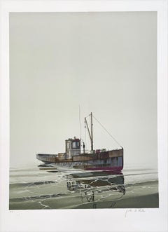 CAY RUNNER Signierte Lithographie, realistisches Läuferboot auf kalifornischem Wasser, Marinekunst, signiert