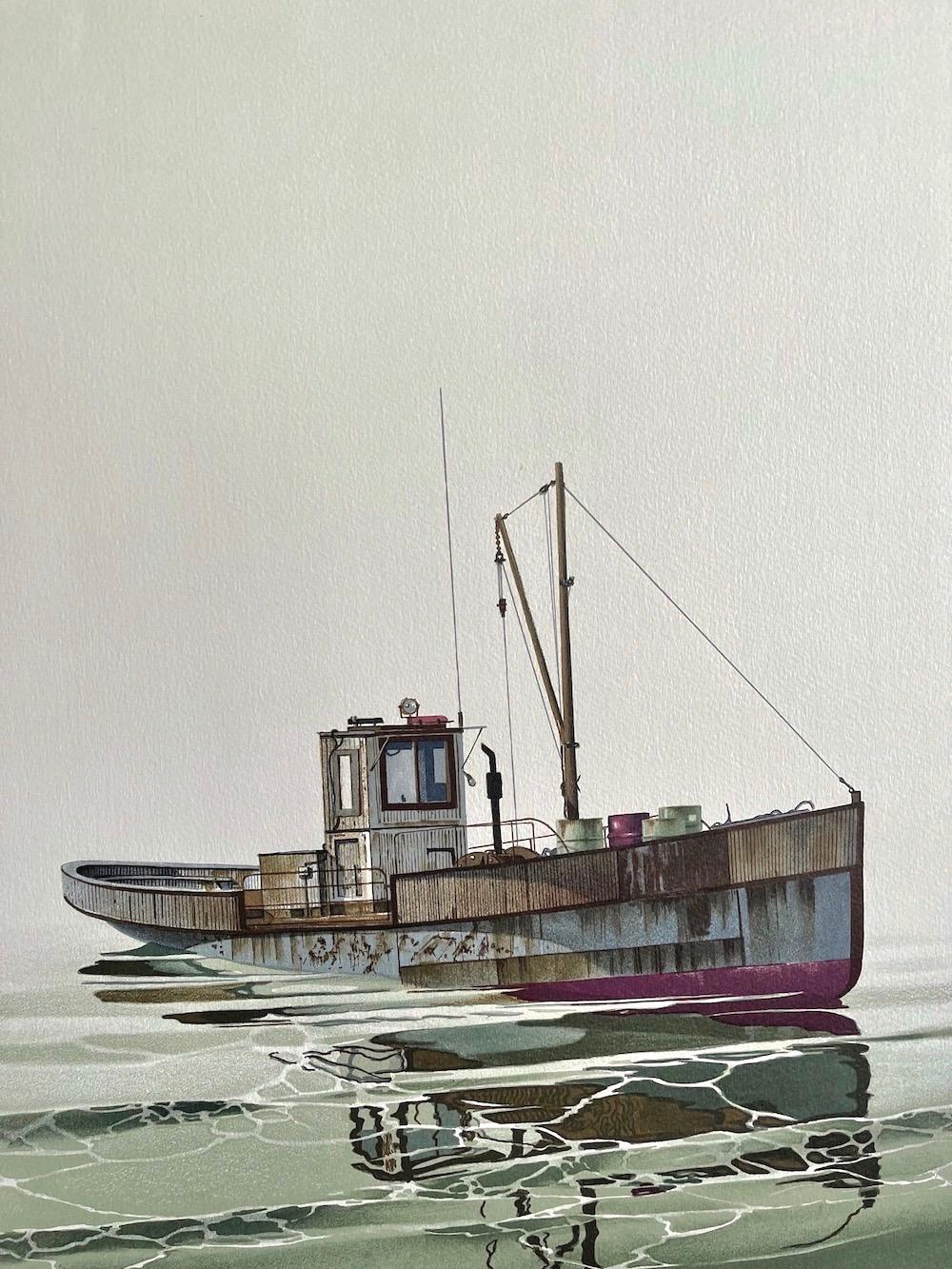 CAY RUNNER Signed Lithograph, Realistic Runner Boat on Calm Water, Marine Art - Print by John Lutes