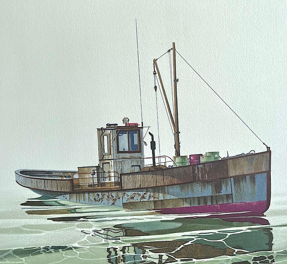 CAY RUNNER Litografía firmada, Barco corredor realista en aguas tranquilas, Arte marino - Landscape Print Gris de John Lutes
