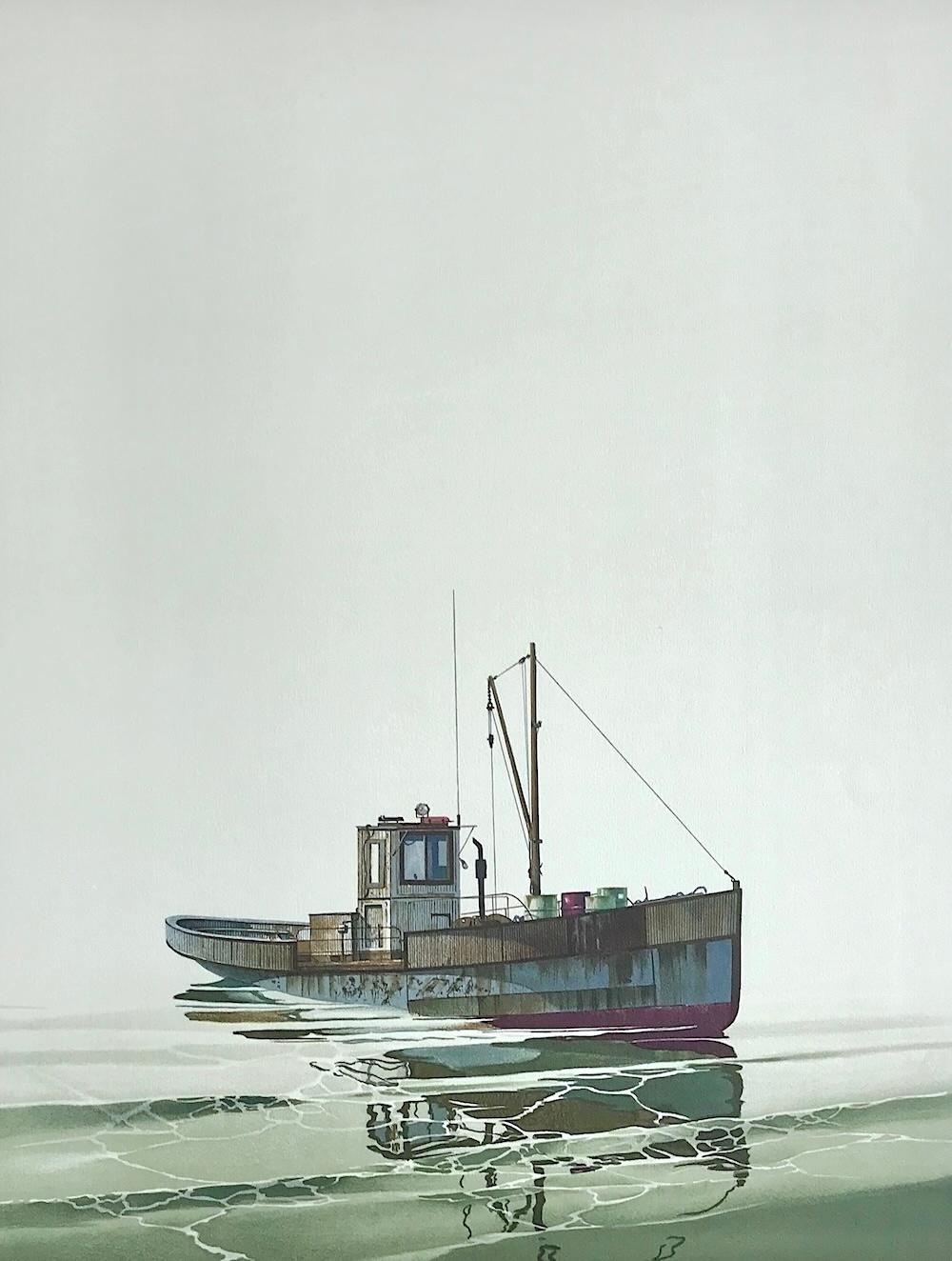 CAY RUNNER Litografía firmada, Barco corredor realista en aguas tranquilas, Arte marino - Print Realista de John Lutes