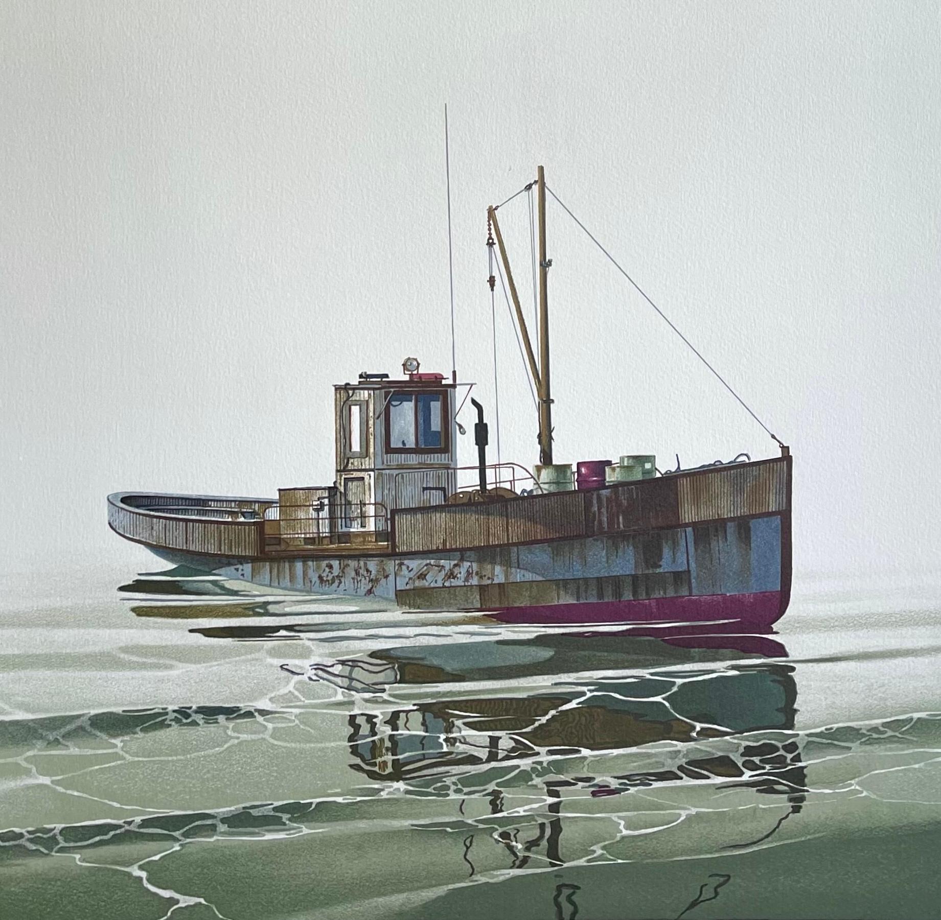CAY RUNNER Signed Lithograph, Realistic Runner Boat on Calm Water, Marine Art - Gray Landscape Print by John Lutes