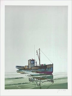 CAY RUNNER Litografía firmada, Barco corredor realista en aguas tranquilas, Arte marino