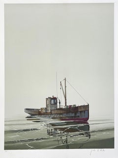 CAY RUNNER Signierte Lithographie, realistisches Läuferboot auf kalifornischem Wasser, Marinekunst, signiert