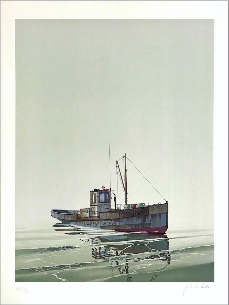 John Lutes Landscape Print - CAY RUNNER Signed Lithograph, Realistic Runner Boat on Calm Water, Marine Art