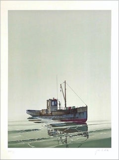 Lithographie signée CAY RUNNER, bateau réaliste sur eau calme, art marin