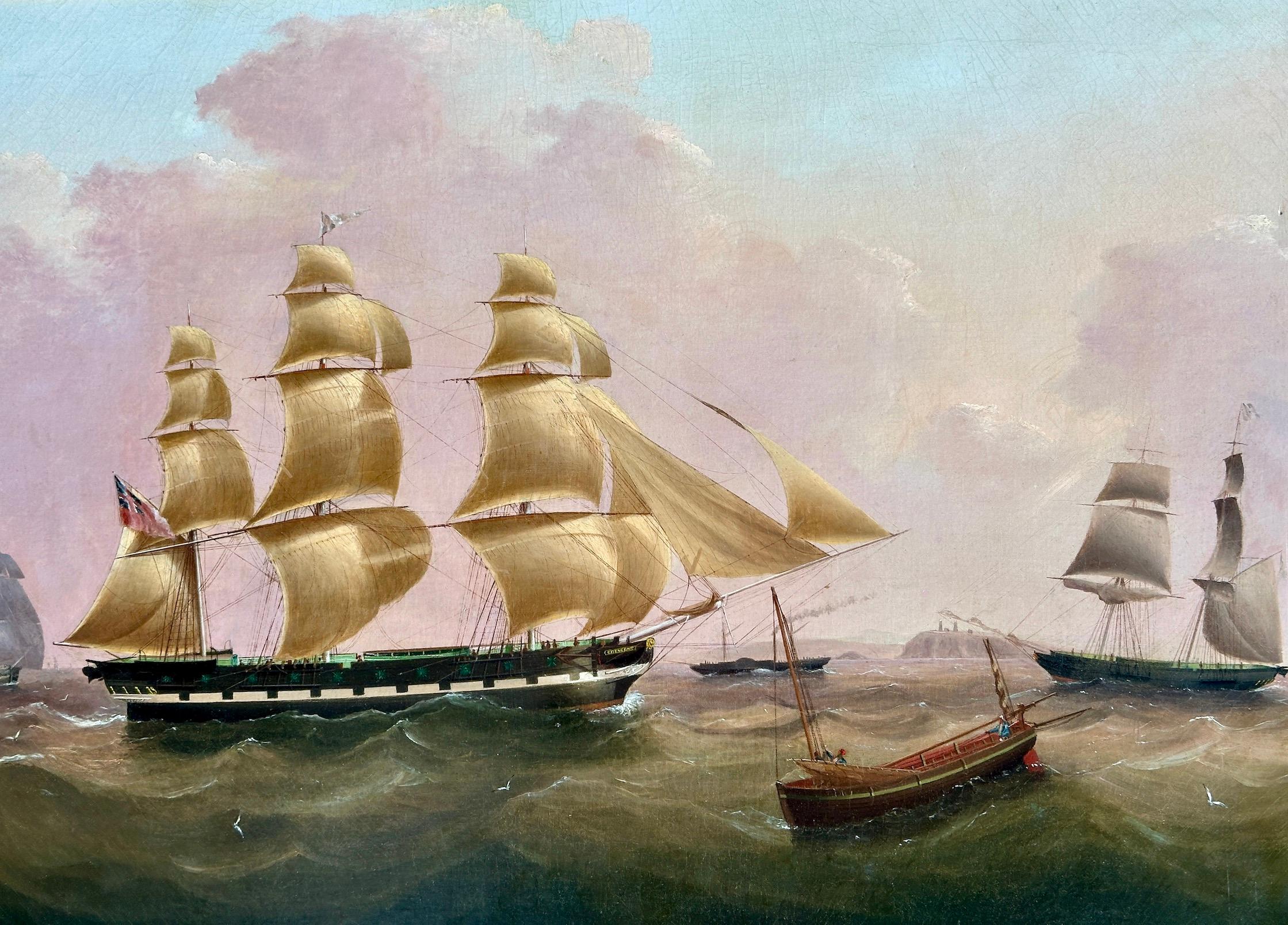 English 19th century portrait of the Clipper ship Crescent at sea in full sail - Painting by John Lynn