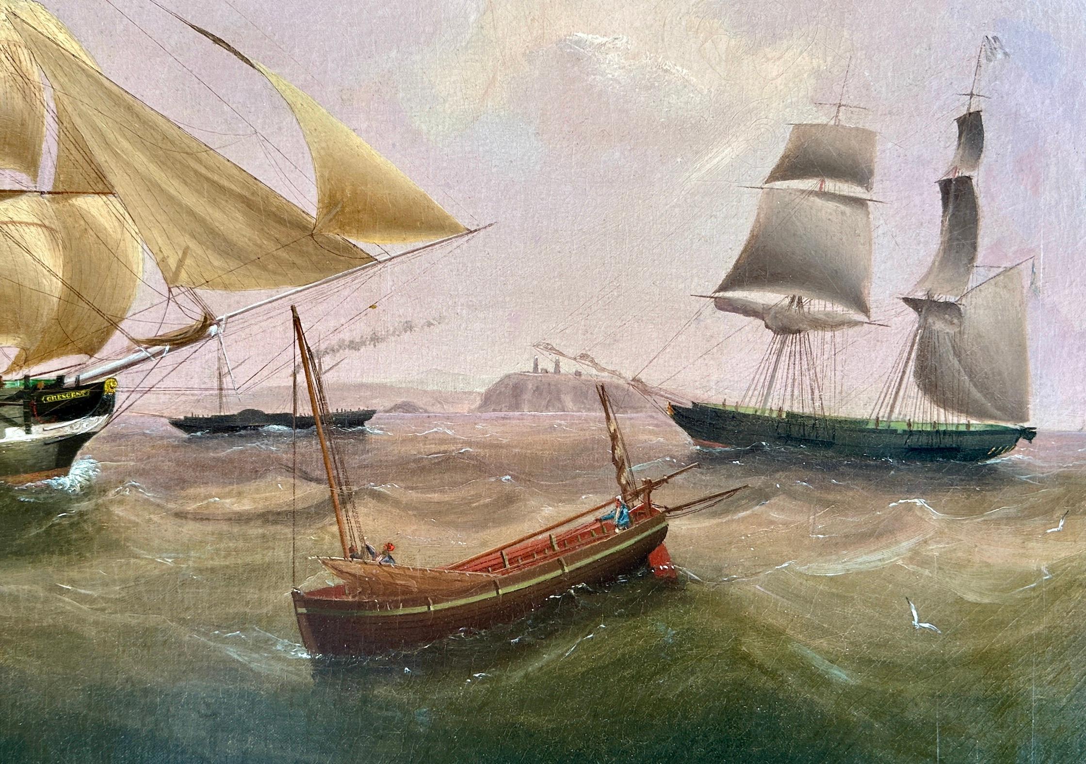 English 19th century portrait of the Clipper ship Crescent at sea in full sail - Beige Landscape Painting by John Lynn