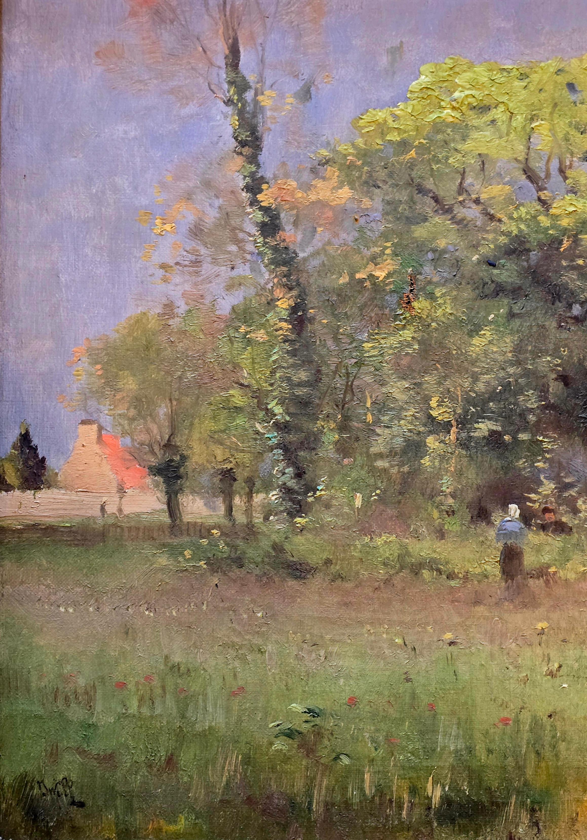 Beautiful landscape by German/American artist John M. August Will. Oil on canvas, appears to have been painted during a trip to France.  Signed lower left. Small hole in the canvas pictured, center left.

He was born in Weimar, Germany and
