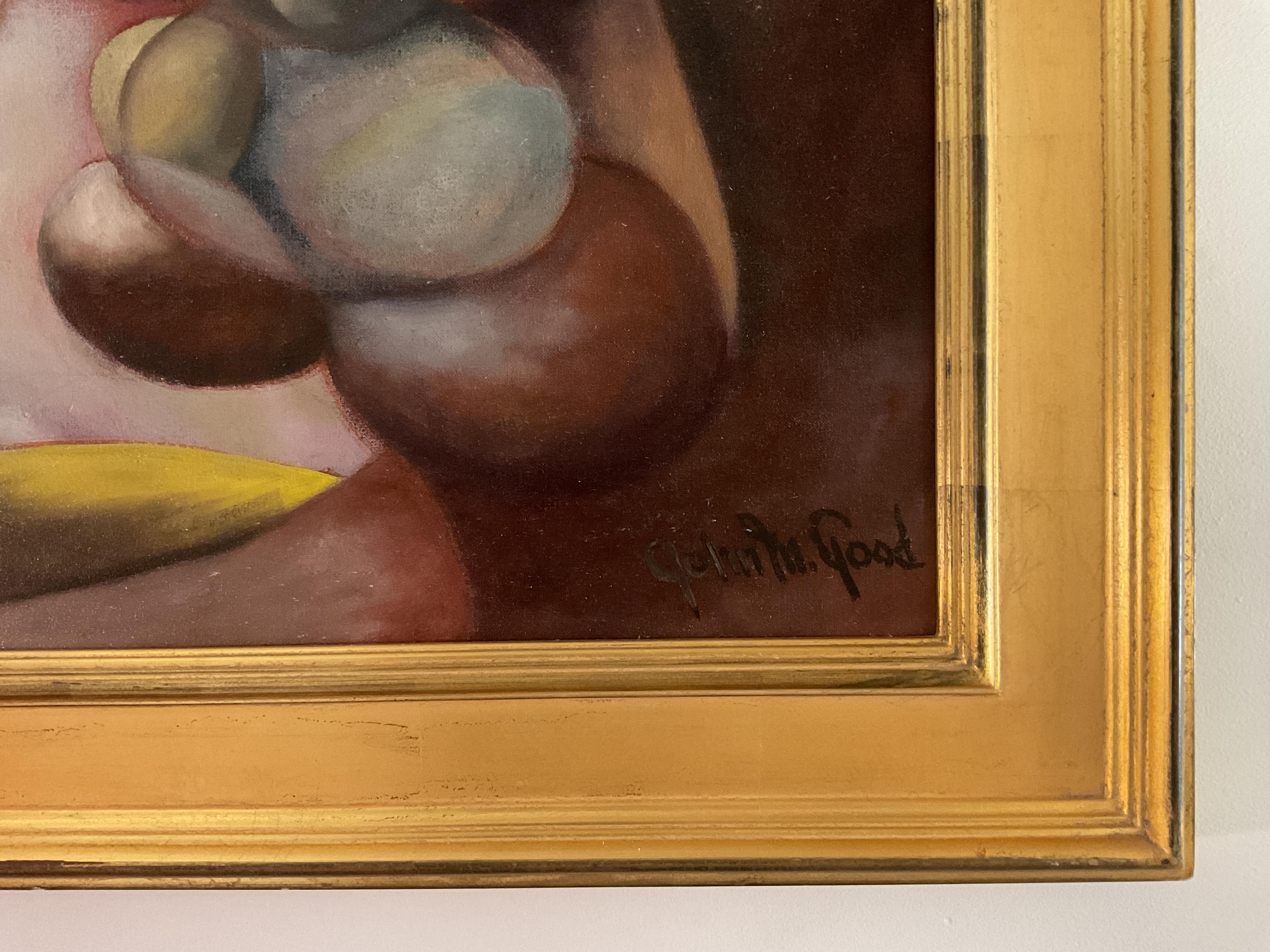 Pittura ad olio astratta modernista d'epoca dell'artista texano, 1961; tema religioso - Abstract Painting Marrone di John M. Good