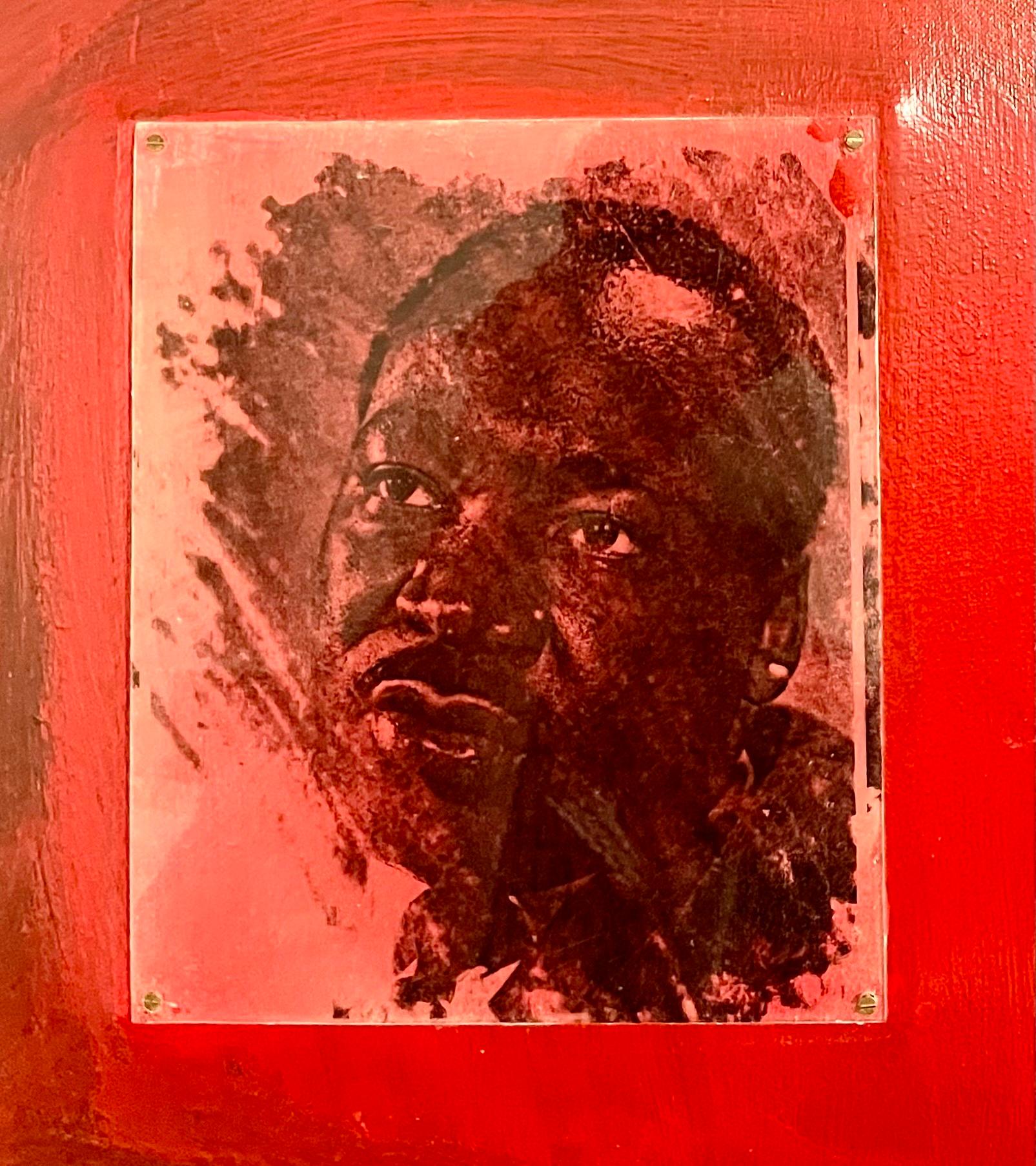 This depicts civil rights icon MLK, the Statue of Liberty, Iwo Jima, an assemblage of mixed media photographic images and painted collaged elements. A powerful, moving work, an ode to the black civil rights movement. 

 John M. Mitchell is