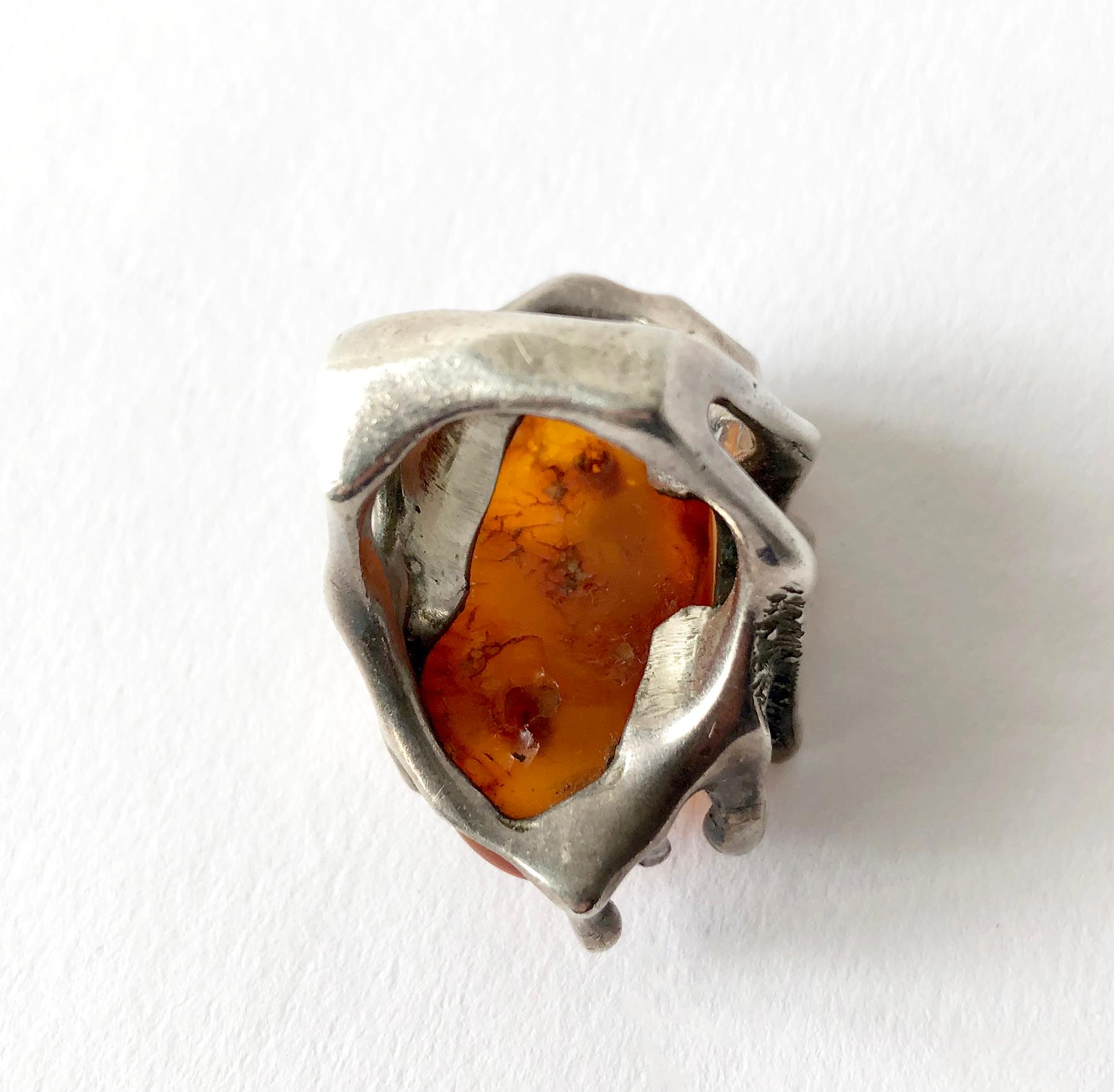 Oval Cut John M. Morgan Sterling Silver Amber American Brutalist Ring