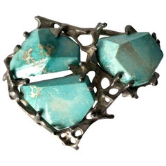 John M. Morgan Sterling Silver Turquoise Brutalist Brooch