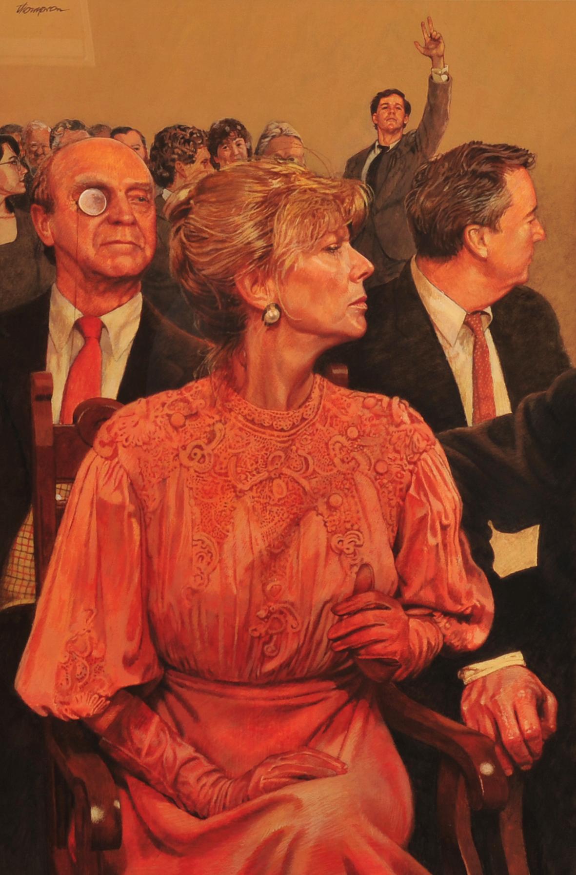 Woman at Auction  - Painting by John M. Thompson
