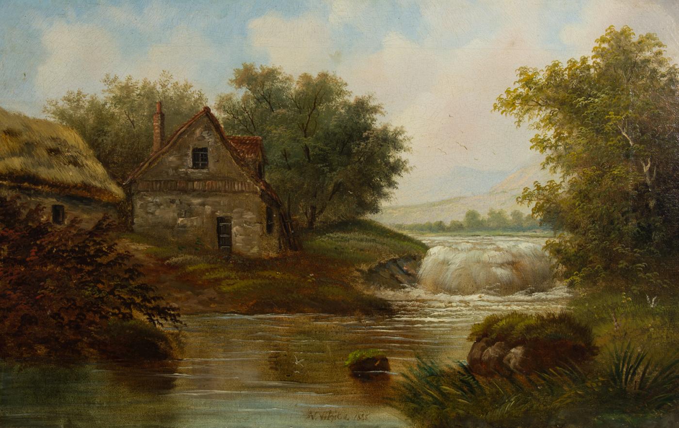 M. White - 1885 Oil, River Cottage - Painting by John M. White