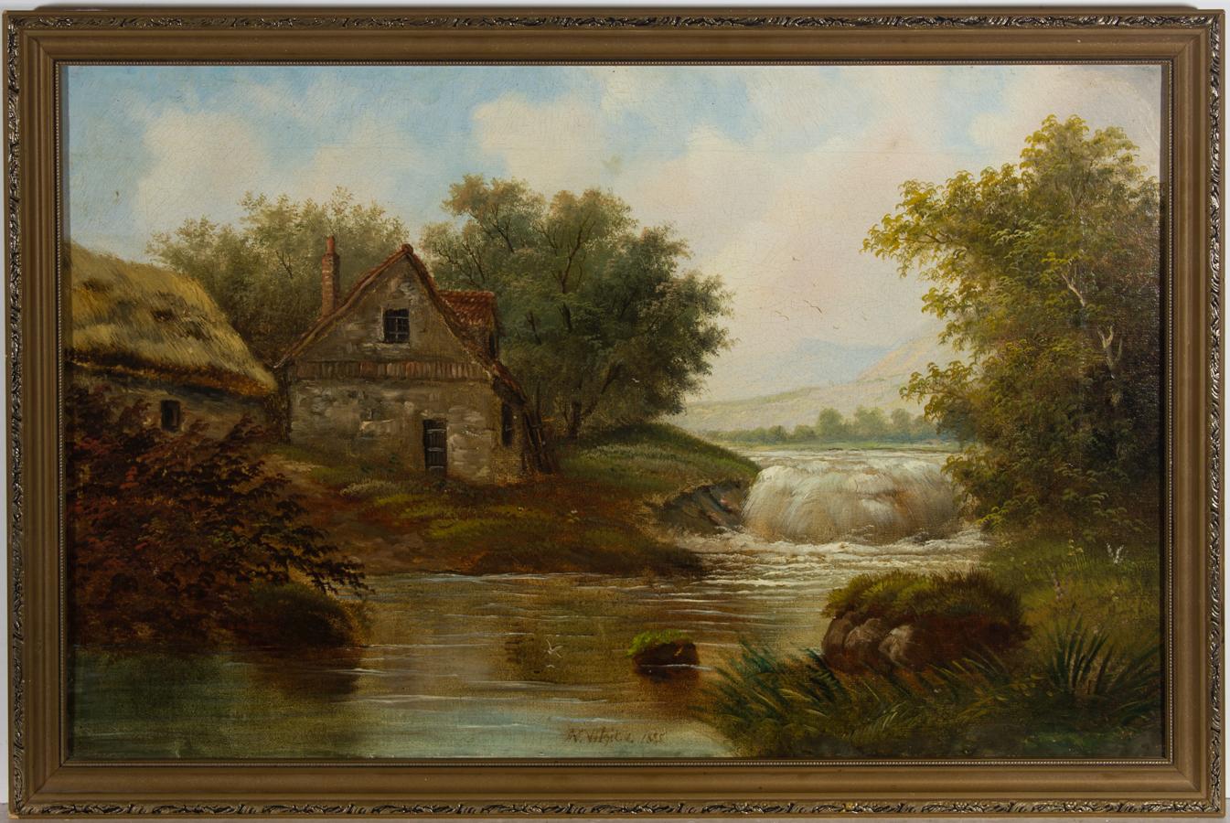John M. White Landscape Painting - M. White - 1885 Oil, River Cottage