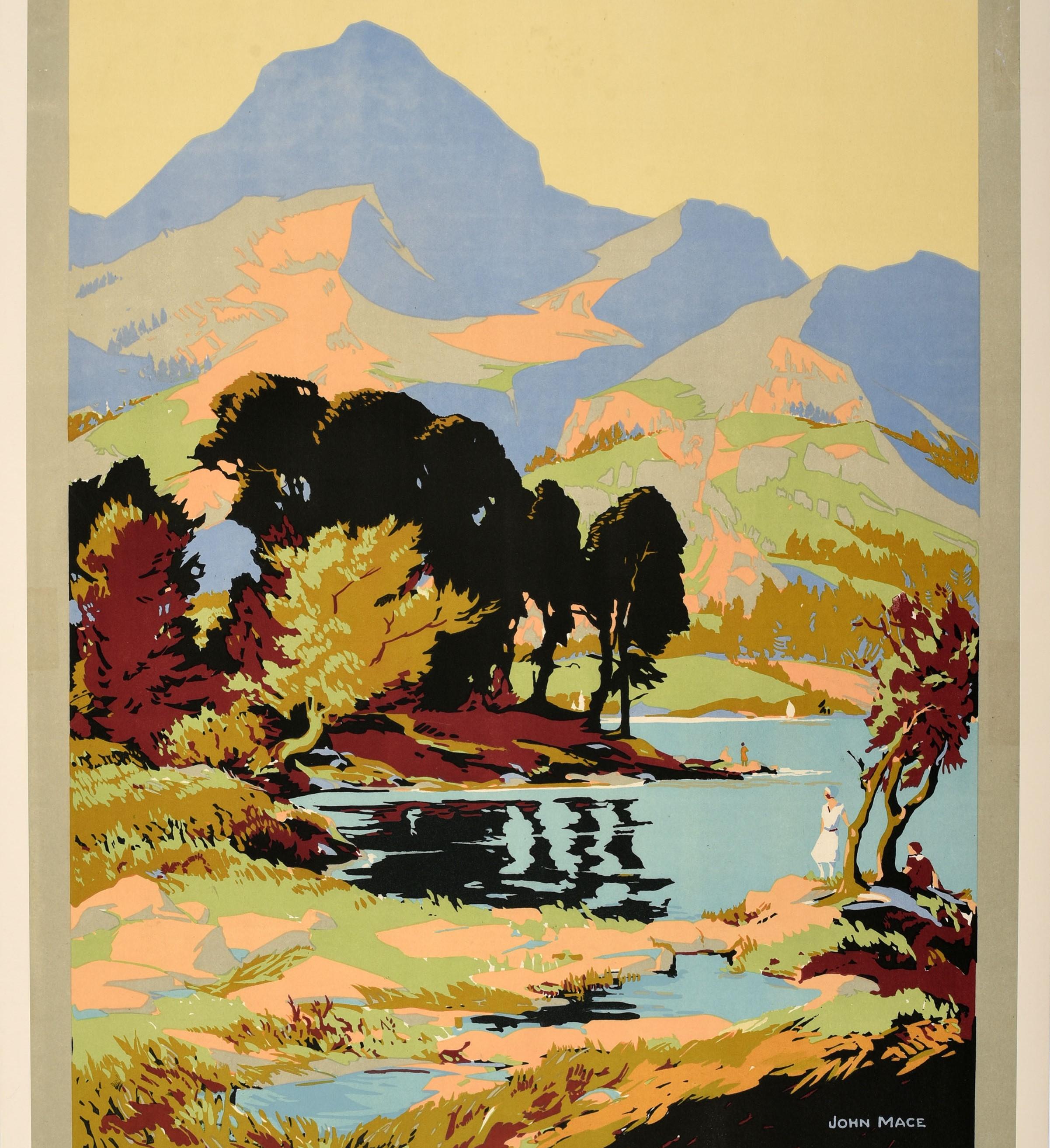 Original vintage LMS train travel poster issued by the London Midland and Scottish Railway - The Lake District For Holidays - featuring scenic artwork by the British painter John Edmund Mace (1889-1952) showing two people relaxing and enjoying the