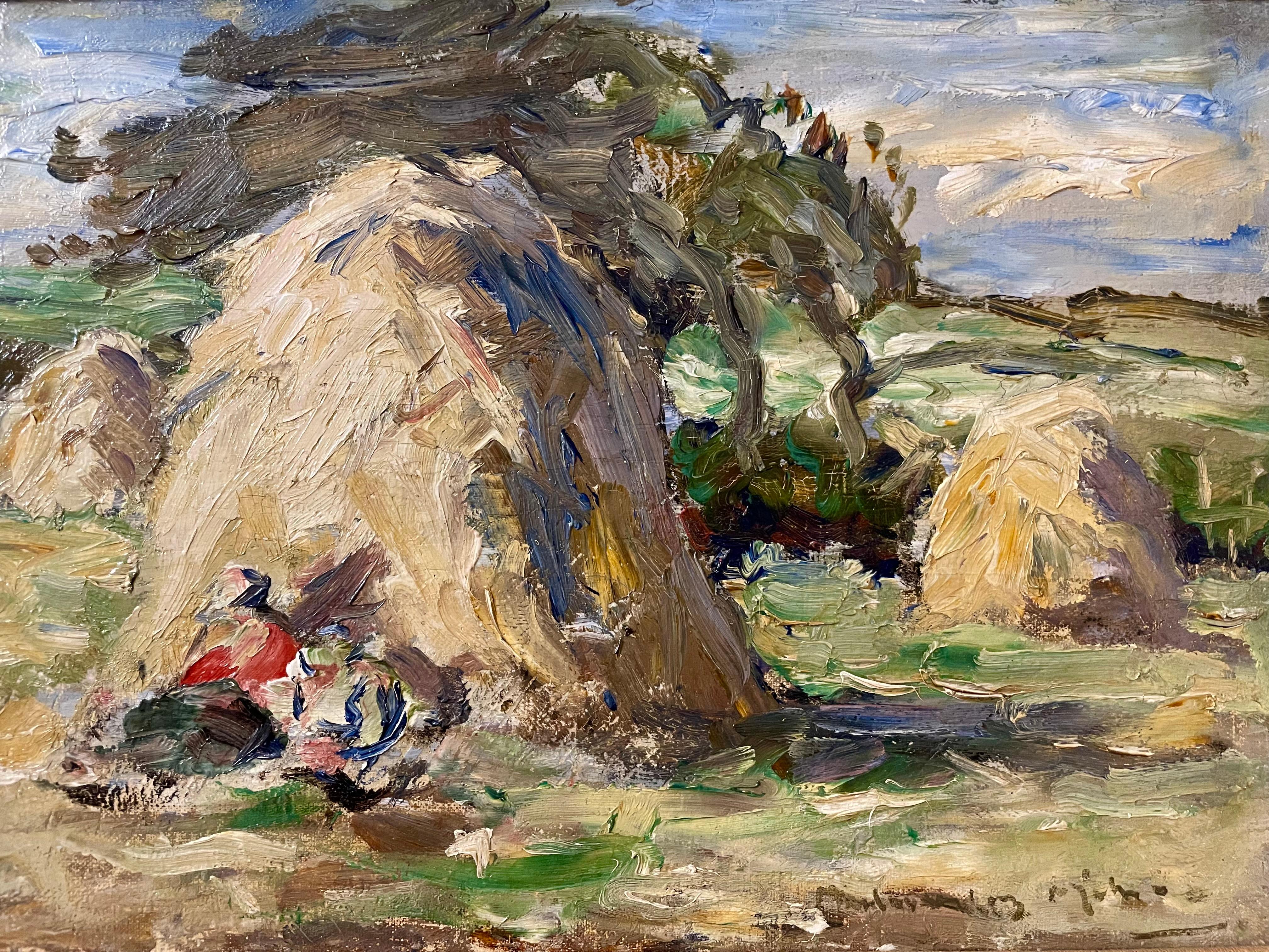 Haystack with Resting Figures - Painting by John Maclauchlan Milne