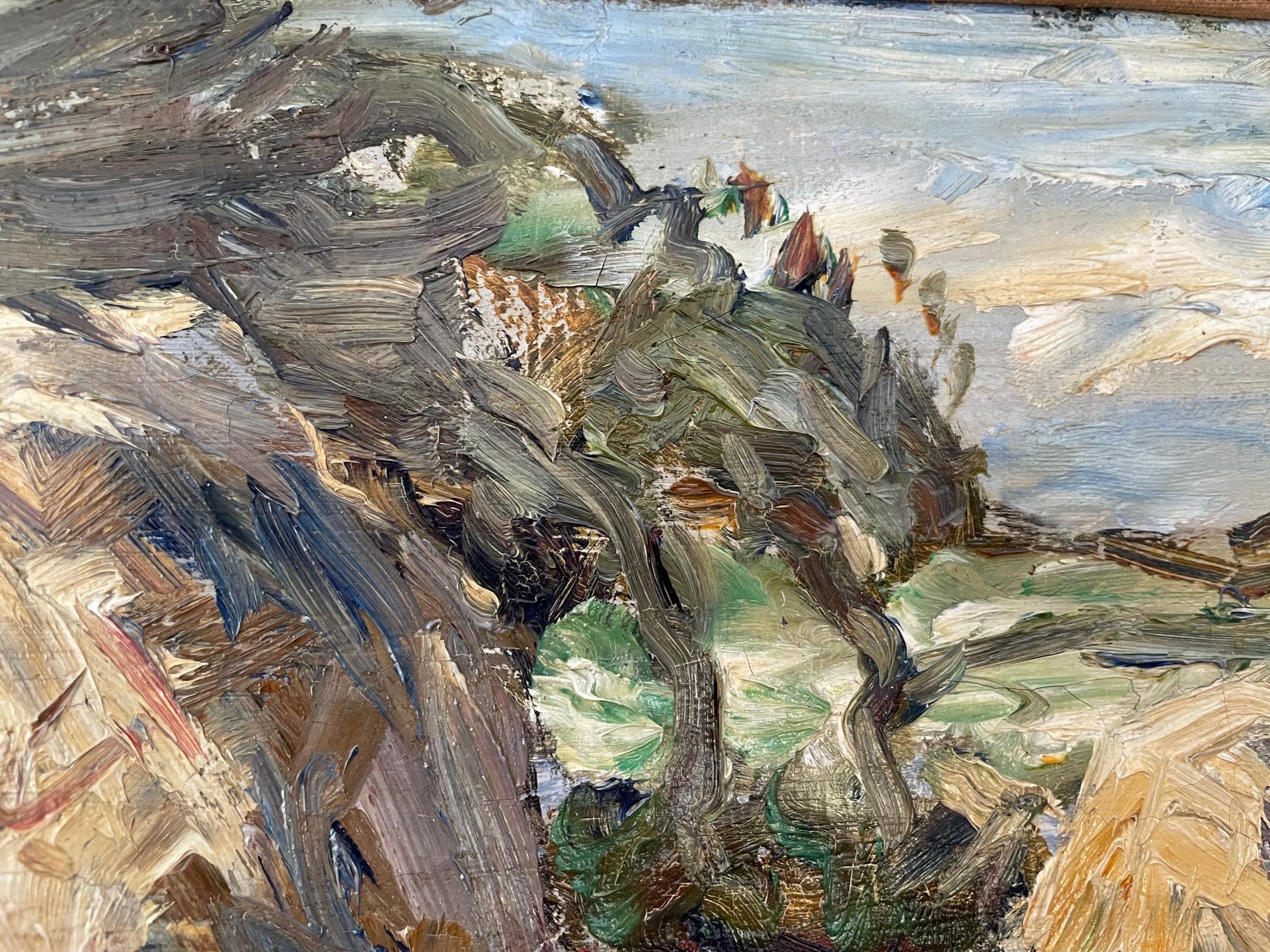 Haystack with Resting Figures - Brown Figurative Painting by John Maclauchlan Milne
