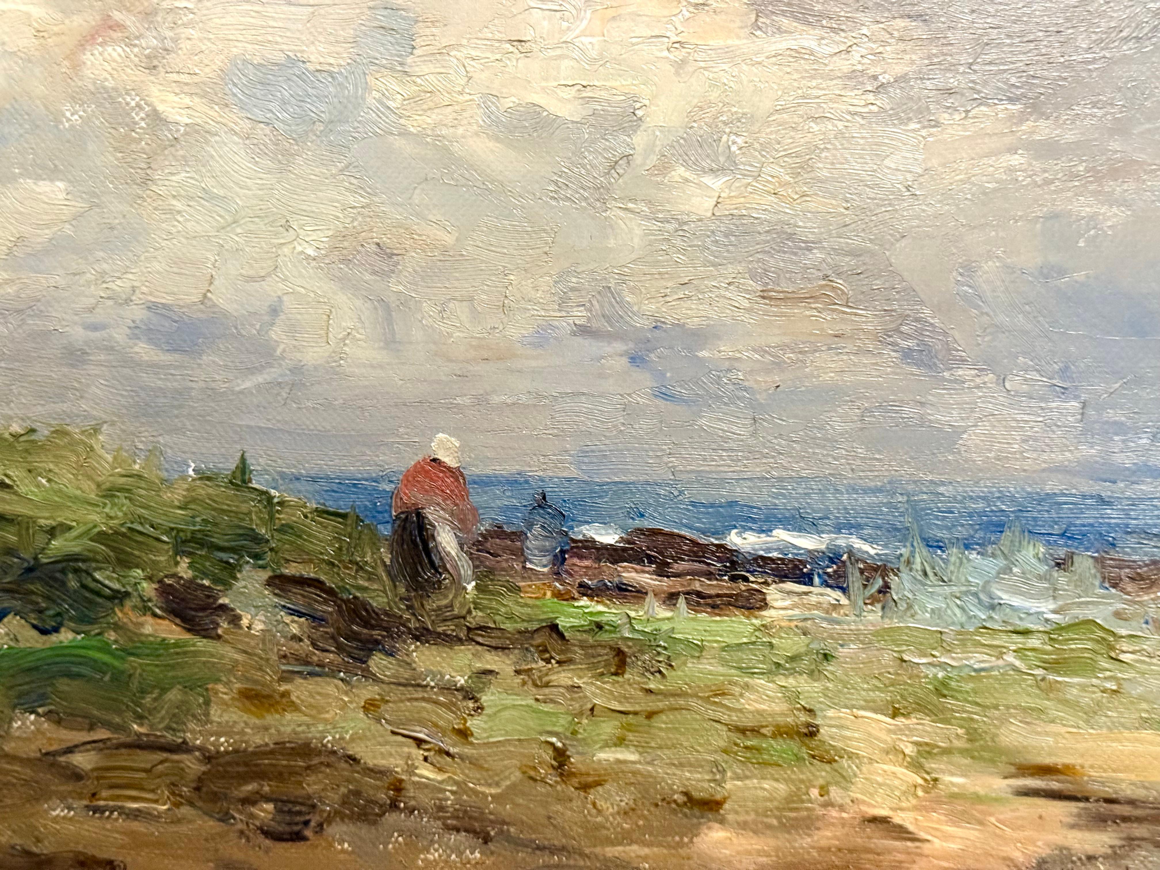 Sulla costa di Fife, dipinto a olio impressionista del 1916 - Landscape Painting Beige di John Maclauchlan Milne