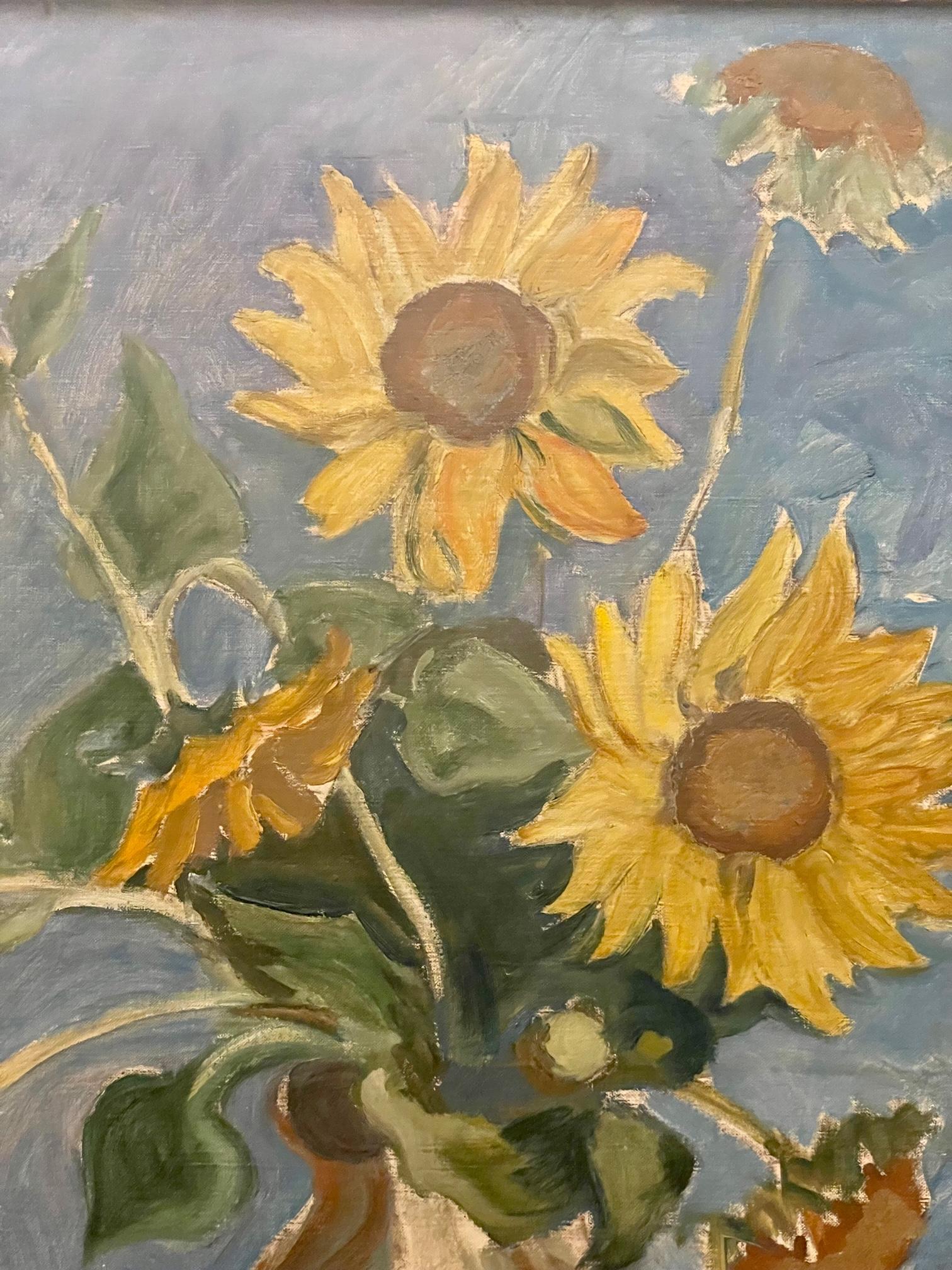 
'Sunflowers' post impressionism is in the Scottish Colourist tradition and art movement influenced by Cezanne in the early to mid 20th century.  The artist, John Maclauchlan Milne, is from a family of fine landscape artists. Milne started his