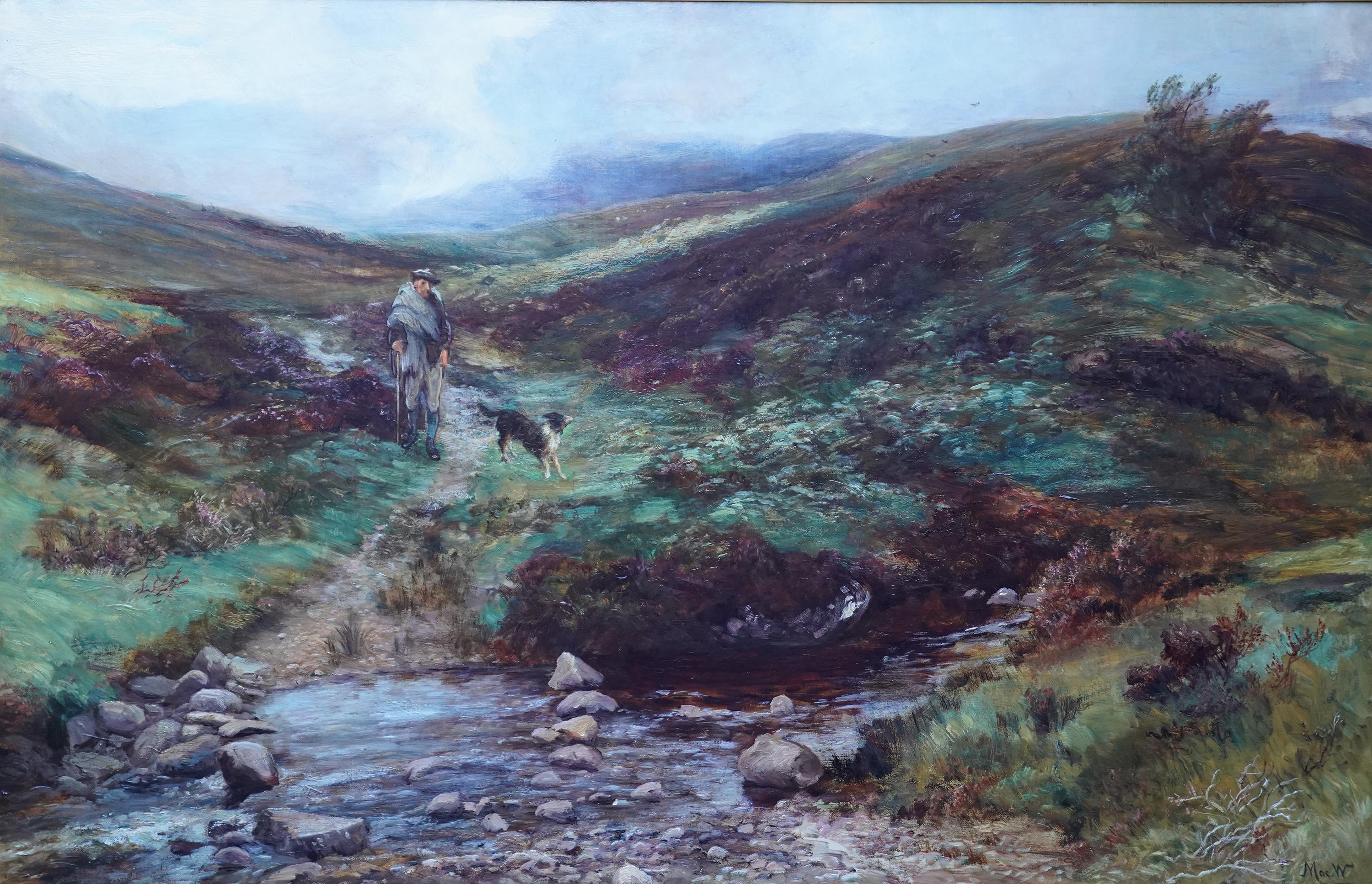 Glen Cloy Arran - Peinture à l'huile d'un paysage victorien écossais - Homme et chien en vente 8