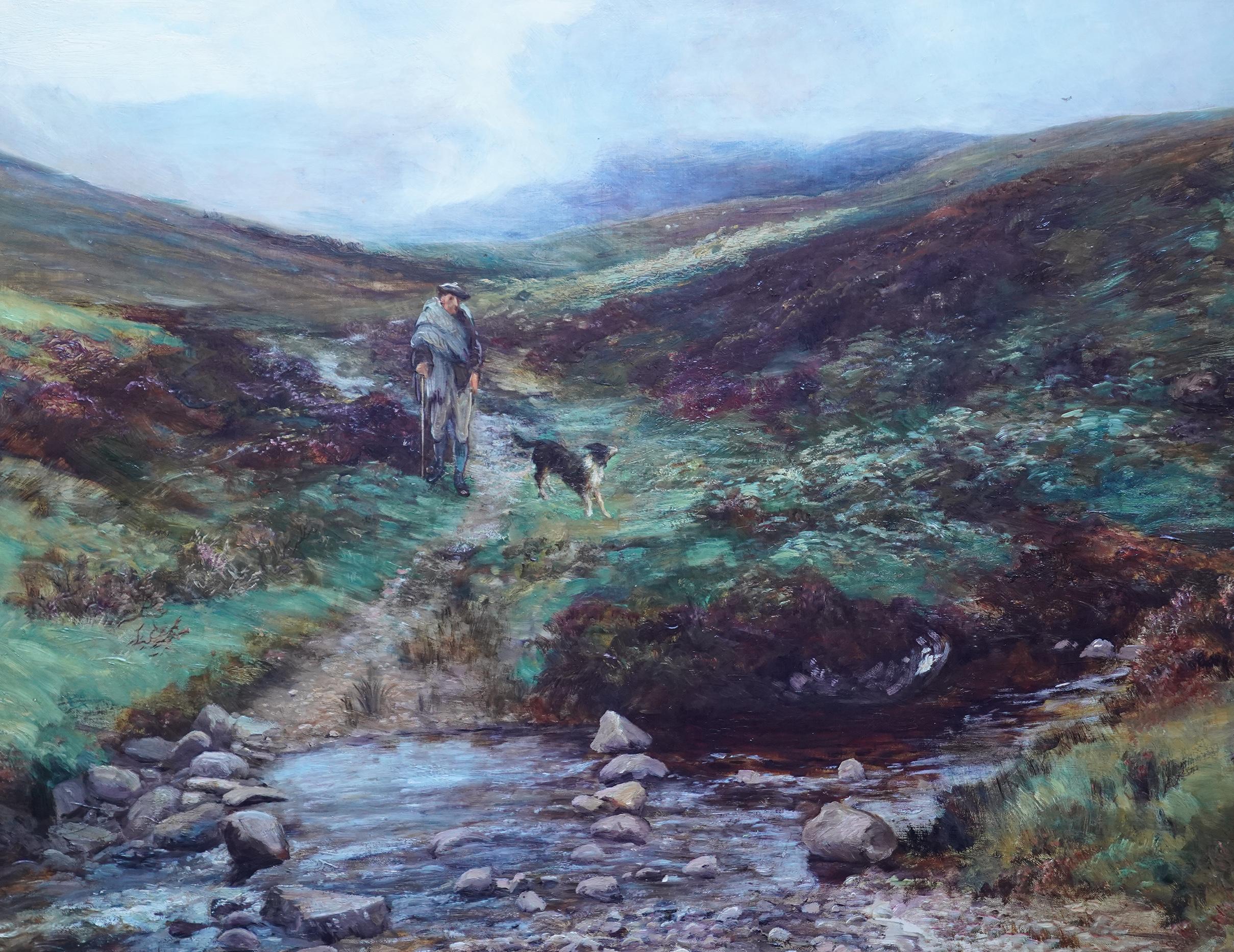 Glen Cloy Arran - Peinture à l'huile d'un paysage victorien écossais - Homme et chien - Victorien Painting par John Macwhirter