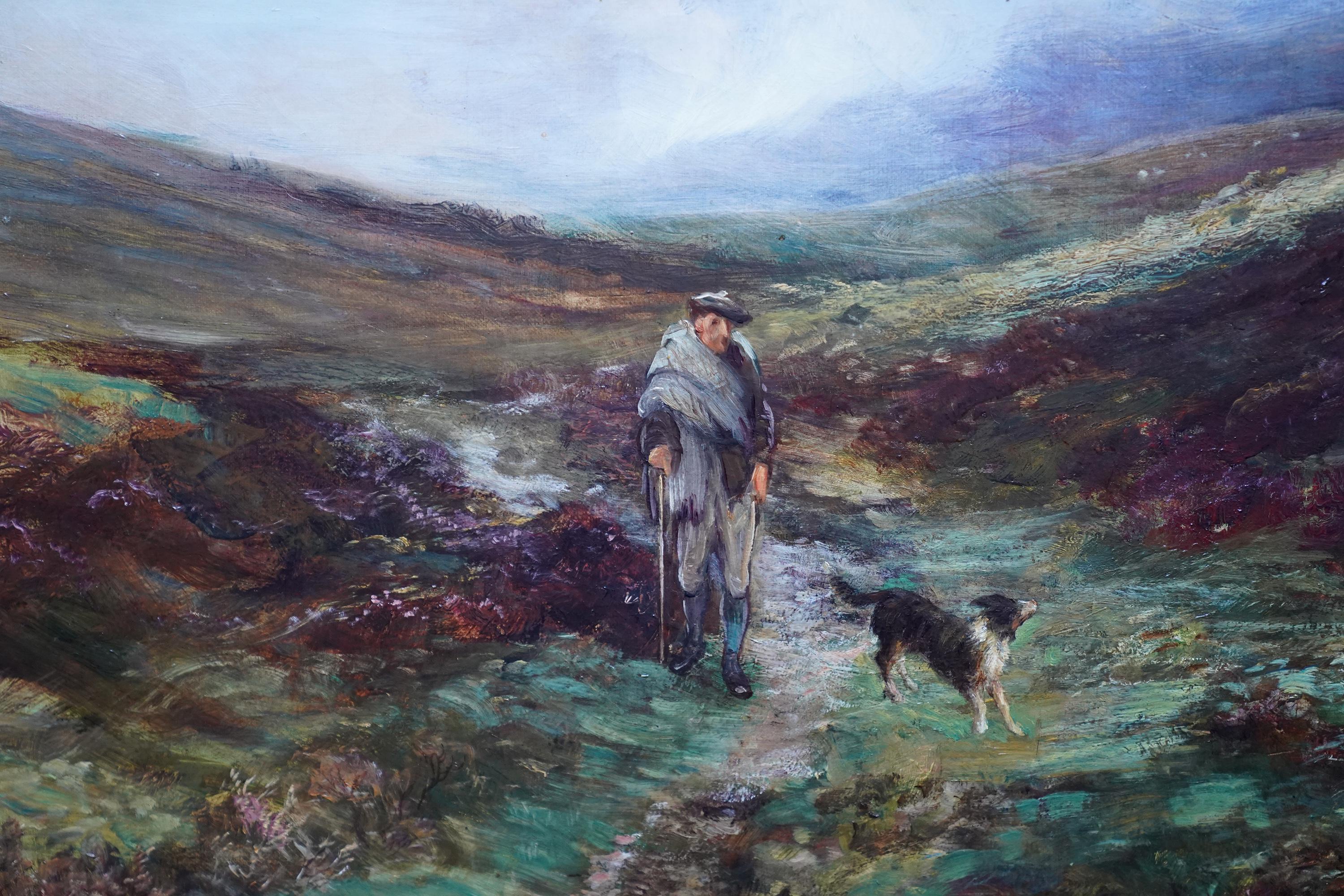 Glen Cloy Arran - Peinture à l'huile d'un paysage victorien écossais - Homme et chien en vente 1