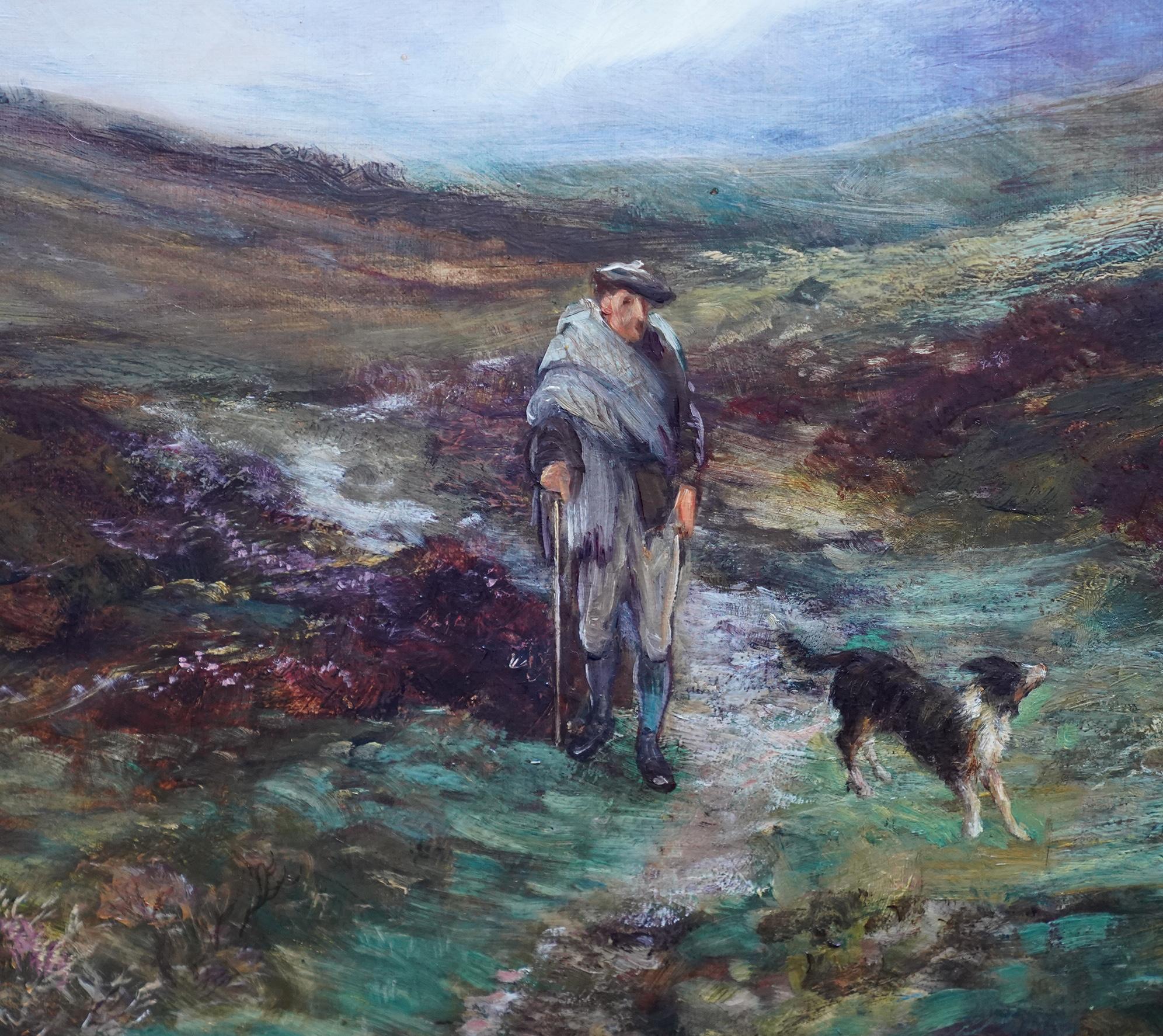 Glen Cloy Arran - Peinture à l'huile d'un paysage victorien écossais - Homme et chien en vente 2