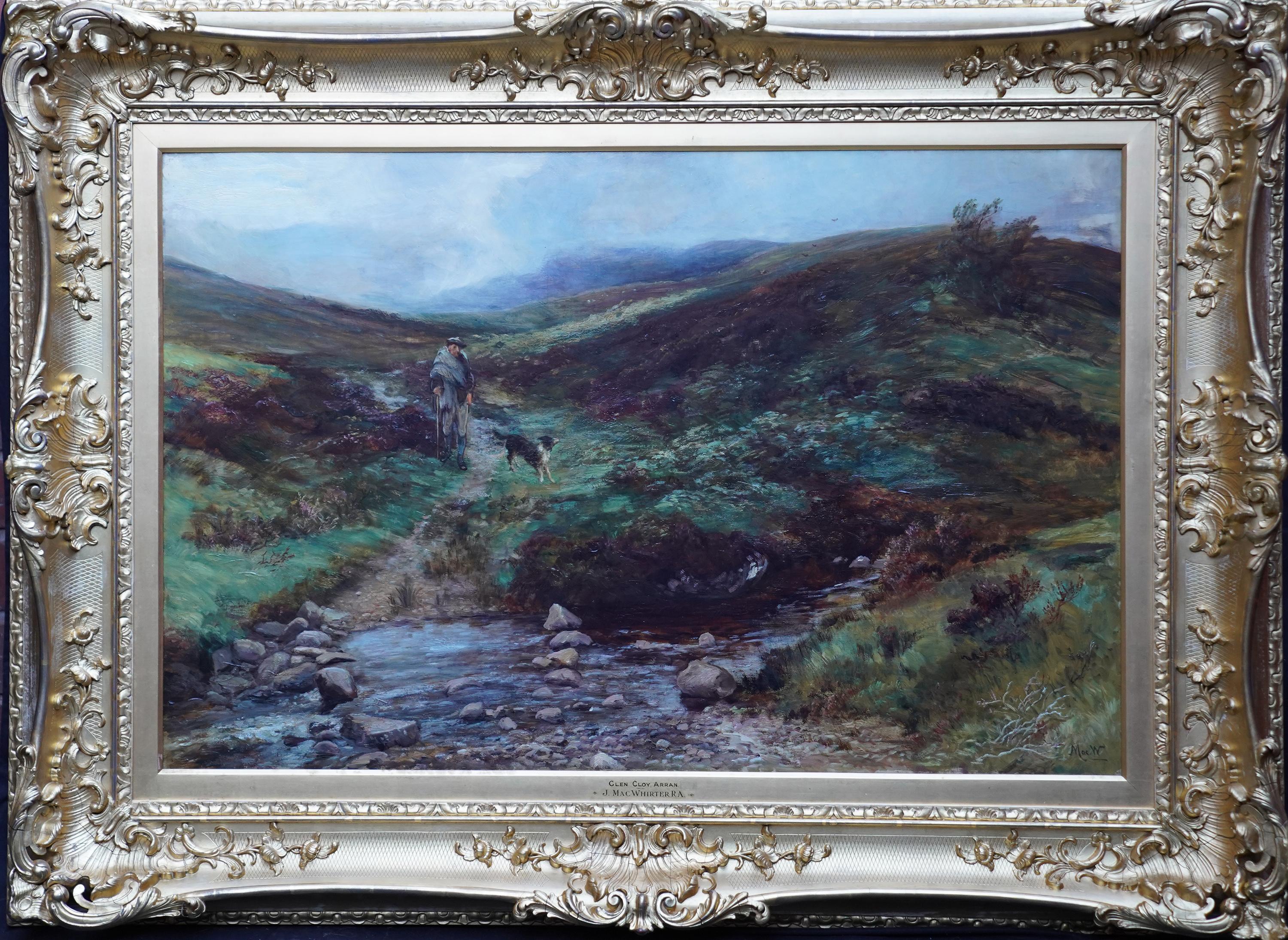 John Macwhirter Landscape Painting - Glen Cloy Arran - Scottish Victorian art Landscape oil painting man and dog