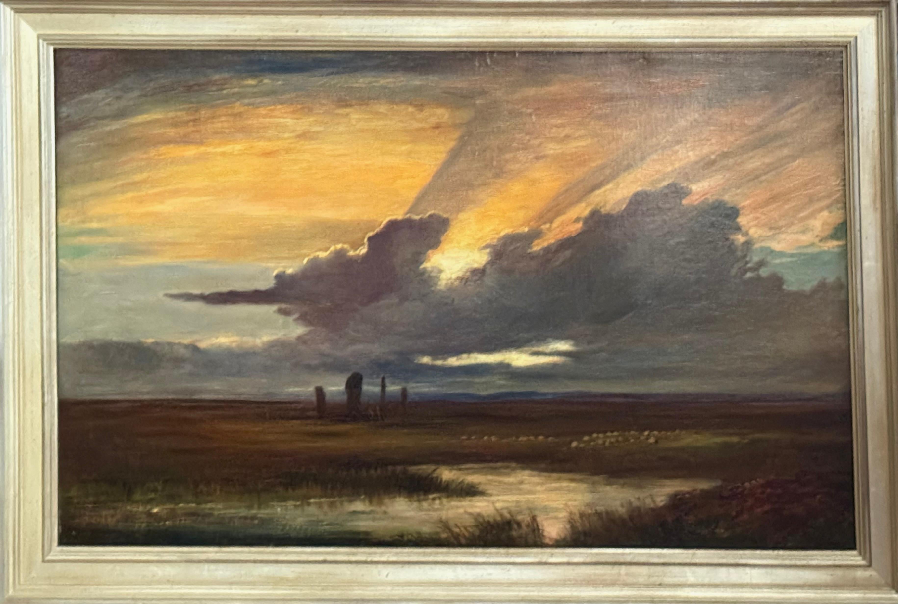 Dramatische Landschaft und Himmel in der Abenddämmerung, die berühmten Celtic Standing Stones über dem Moor von Machrie, Schottland, Silhouetten erheben sich über das Moor. Gemalt in den 1800er Jahren von dem schottischen Künstler John MacWhirter