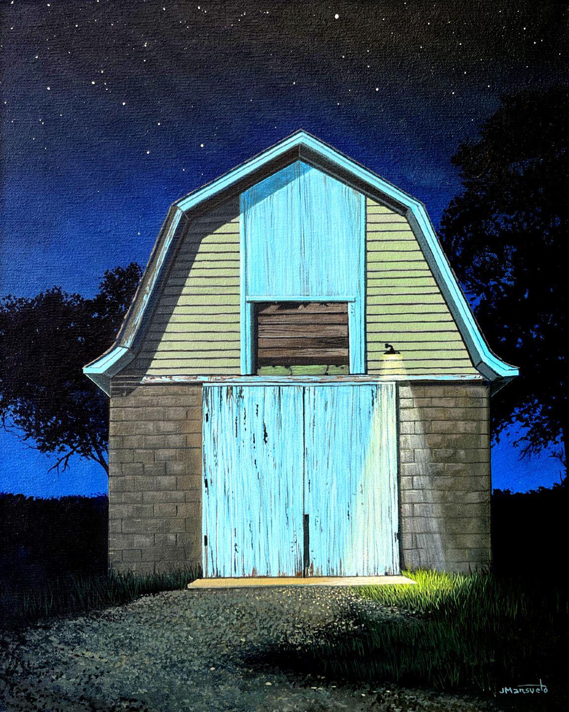 John Mansueto, "Mondlichtscheune" 20x16, Ländliche Scheune Original Ölgemälde